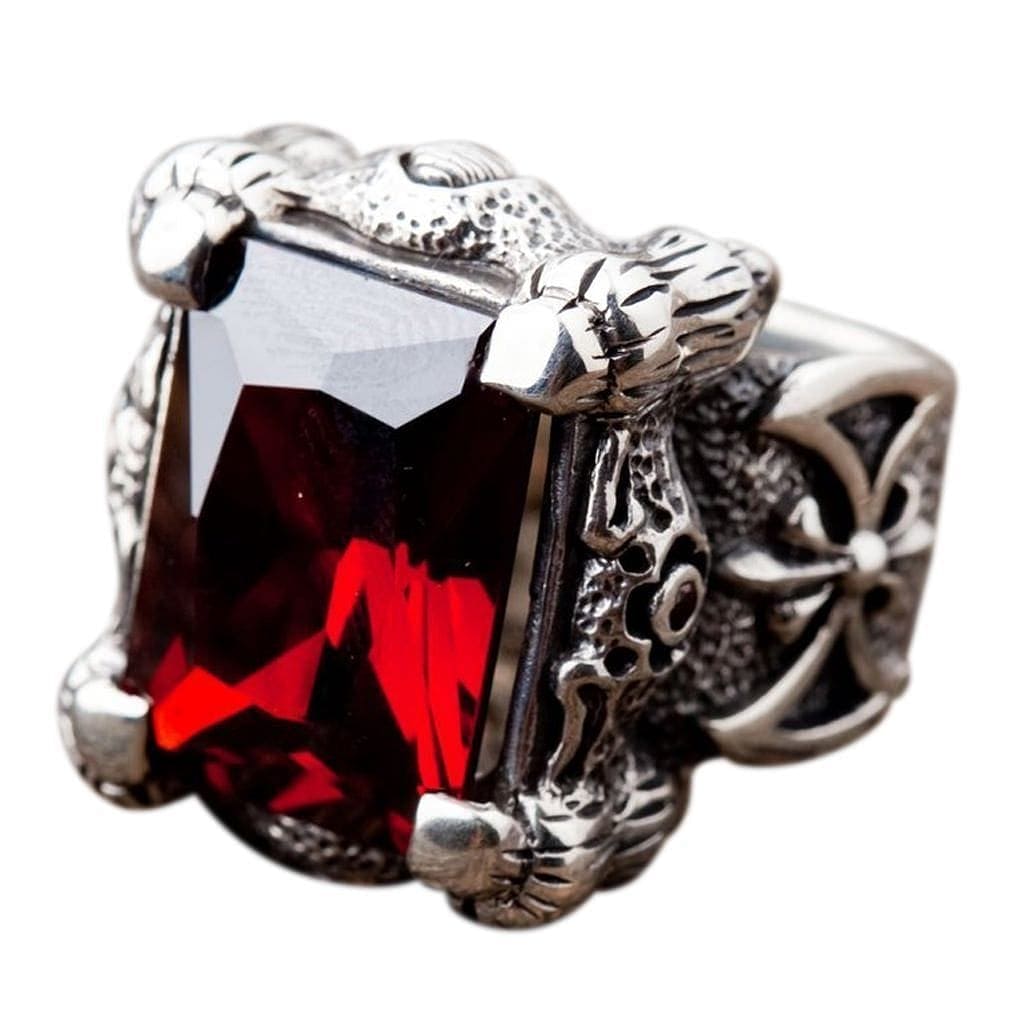 Red Garnet Dragon Claw Sterling Silver Men's Ring - Gothic Jewelry for Men, Handmade Adjustable Band, Unique Statement Piece - Perfect for Weddings, Cosplay & Alternative Fashion