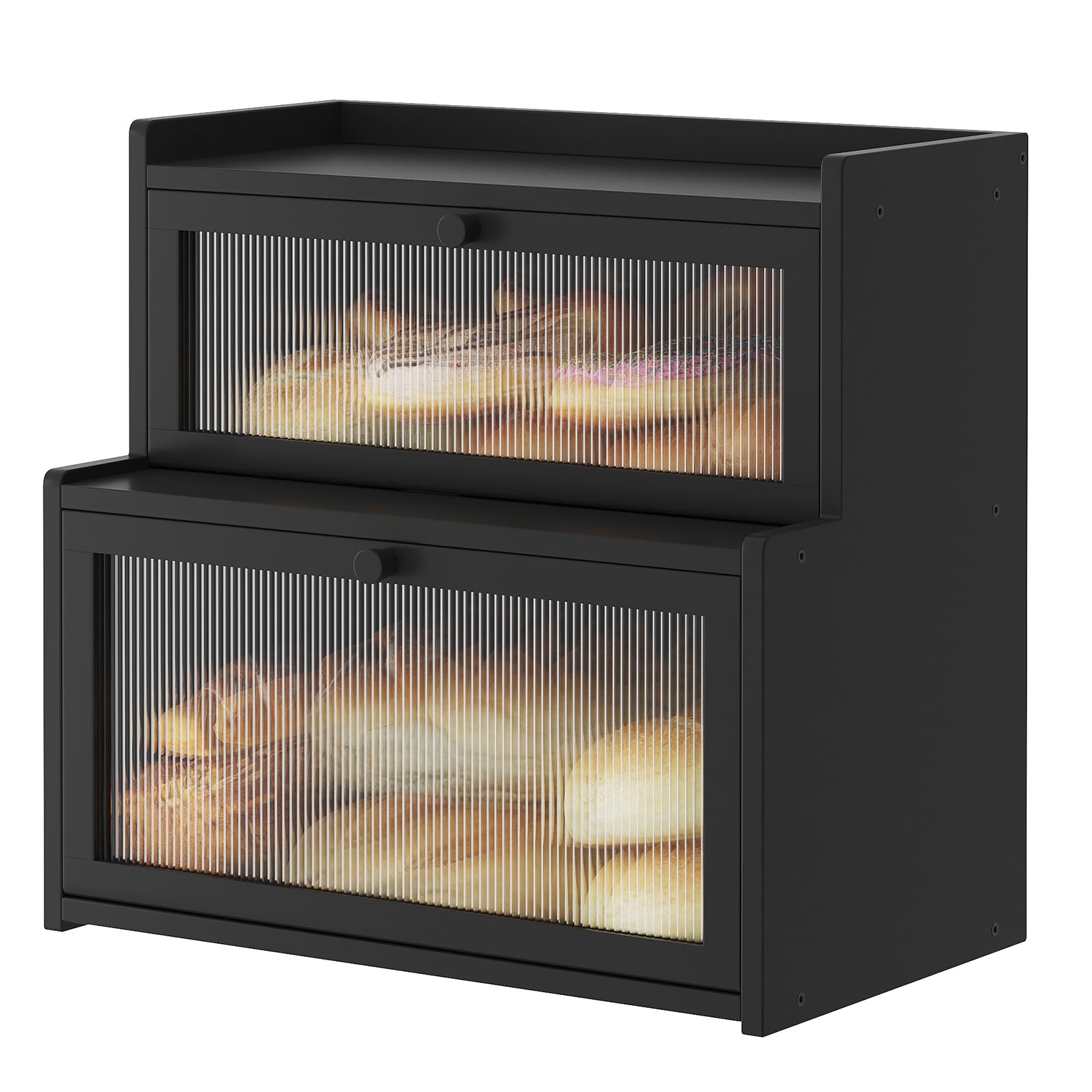 Double Layer Bamboo Bread Box with Window - Eco-Friendly Kitchen Countertop Bread Storage & Holder for Fresh Bread, Baguettes, Rolls - Perfect for Home, Bakery, or Restaurant Use (Black)