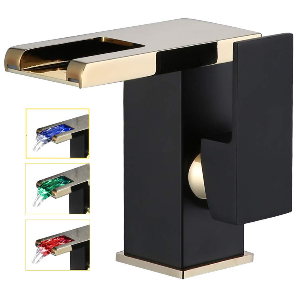 RGB LED Waterfall Bathroom Sink Faucet with Hydroelectric Power - Single Handle Basin Mixer Tap with Hoses & Fittings | Modern Vanity Sink Faucet for Home, Hotel & Spa Decor