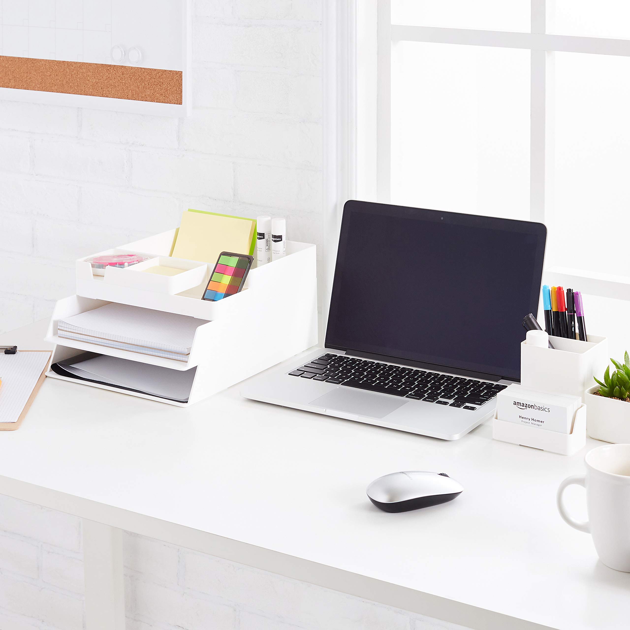 Amazon Basics Plastic Desk Organizer - White Pen & Pencil Holder for Office, School, or Home - Perfect for Organizing Writing Utensils on Desks, Countertops, and Workstations