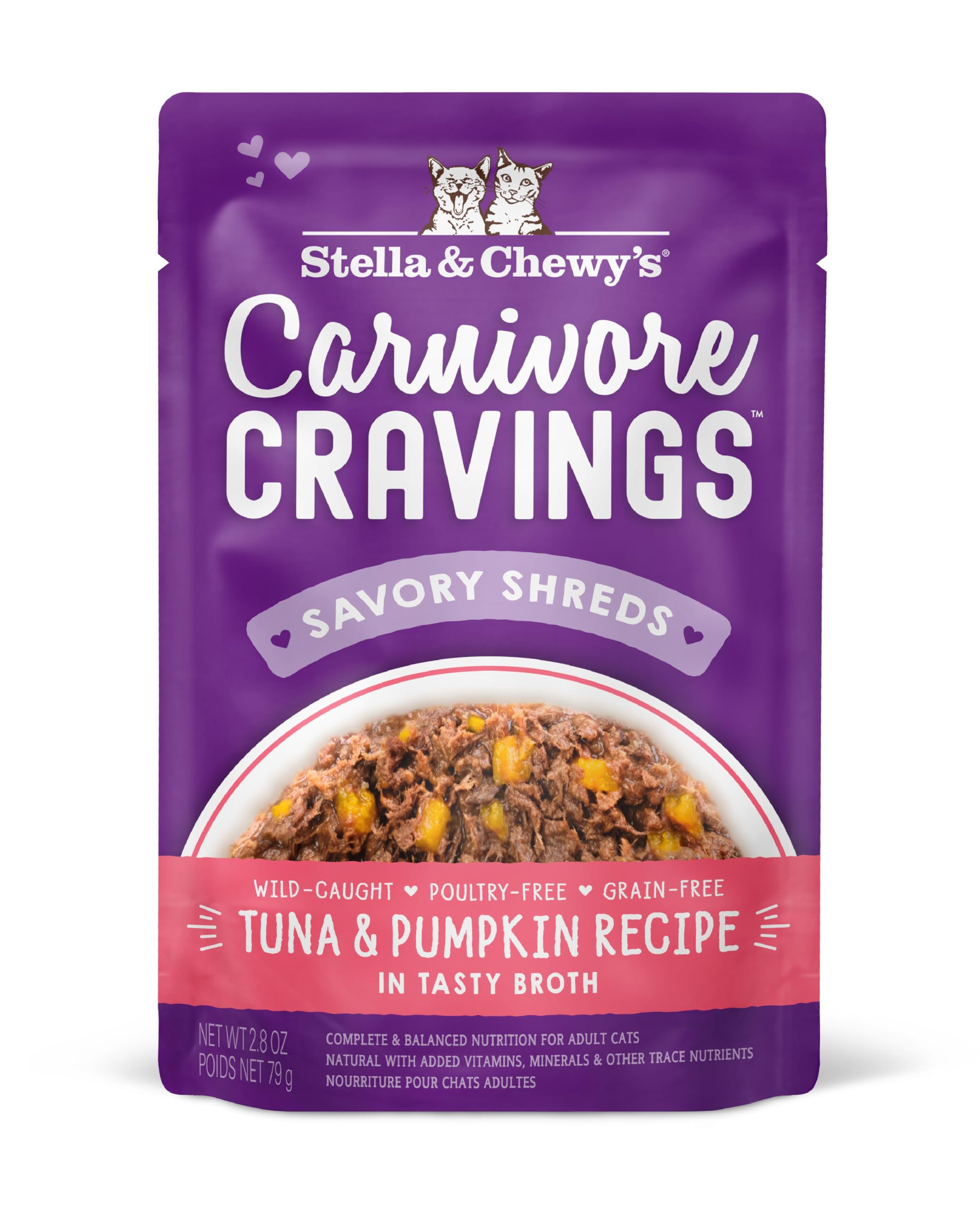 Stella & Chewy's Carnivore Cravings Savory Shreds Grain-Free Wet Cat Food - High Protein Tuna & Pumpkin Recipe (2.8oz Pouches, Pack of 12) - Perfect as Meal, Topper or Treat for Indoor & Outdoor Cats