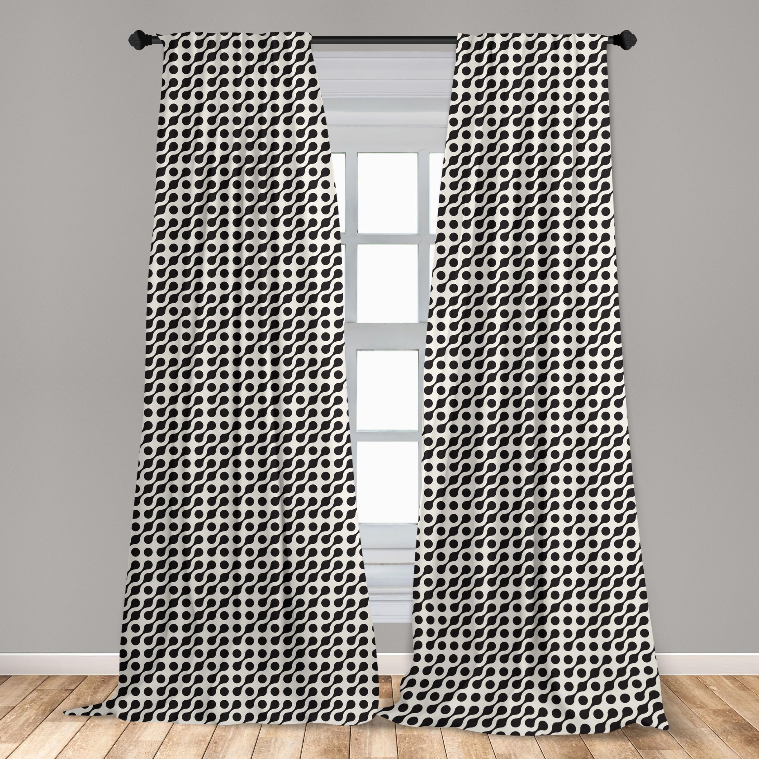 Ambesonne Geometric Black & White Window Curtains - Diagonal Rounded Circles & Wavy Lines Modern Design - Lightweight 2-Panel Set with Rod Pocket (28