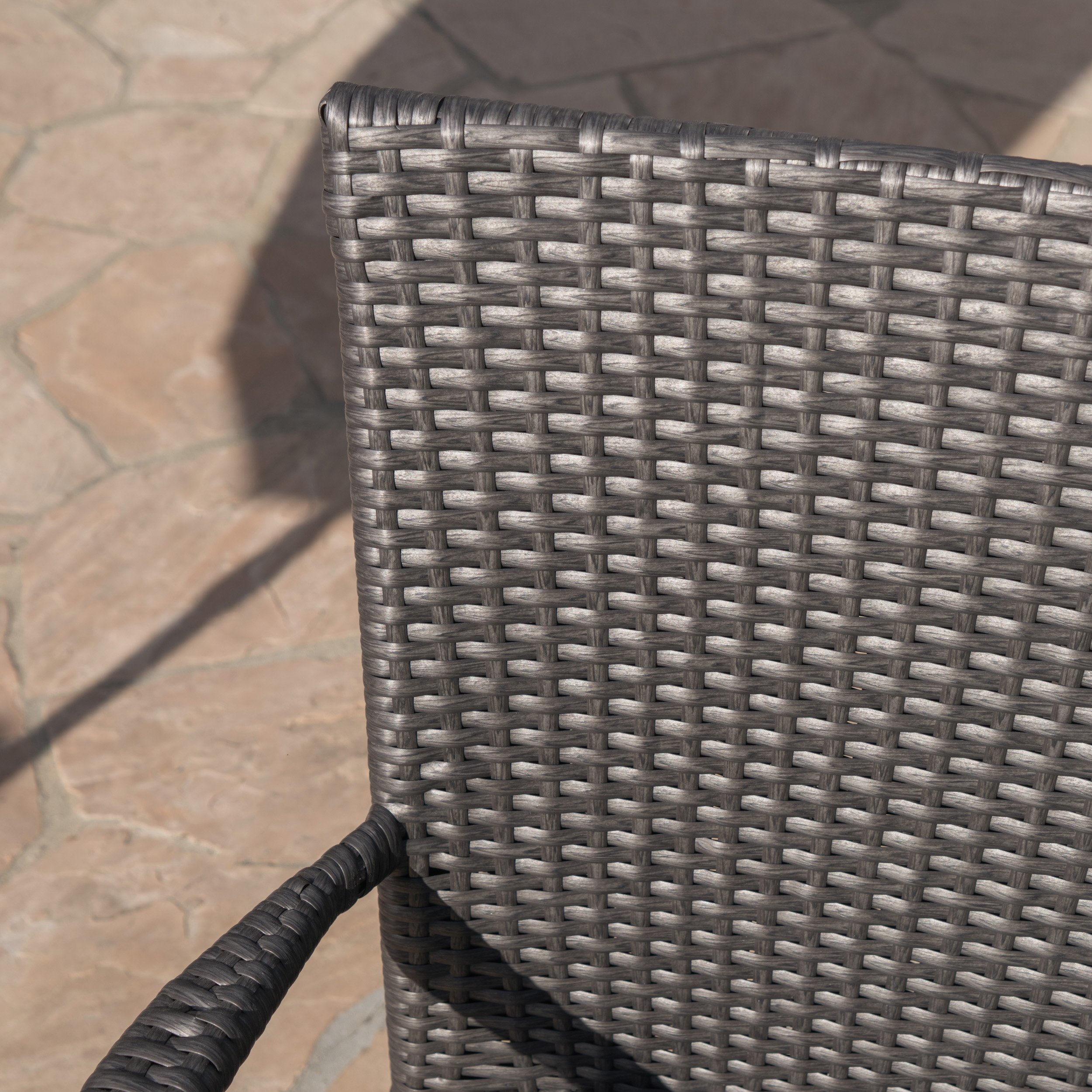 Christopher Knight Home Cooper 6-Piece Outdoor Stacking Wicker Dining Set with Acacia Wood Table & Bench - Sandblast Light Grey/Black Rustic Metal/Grey - Perfect for Patio, Garden & Backyard Entertaining