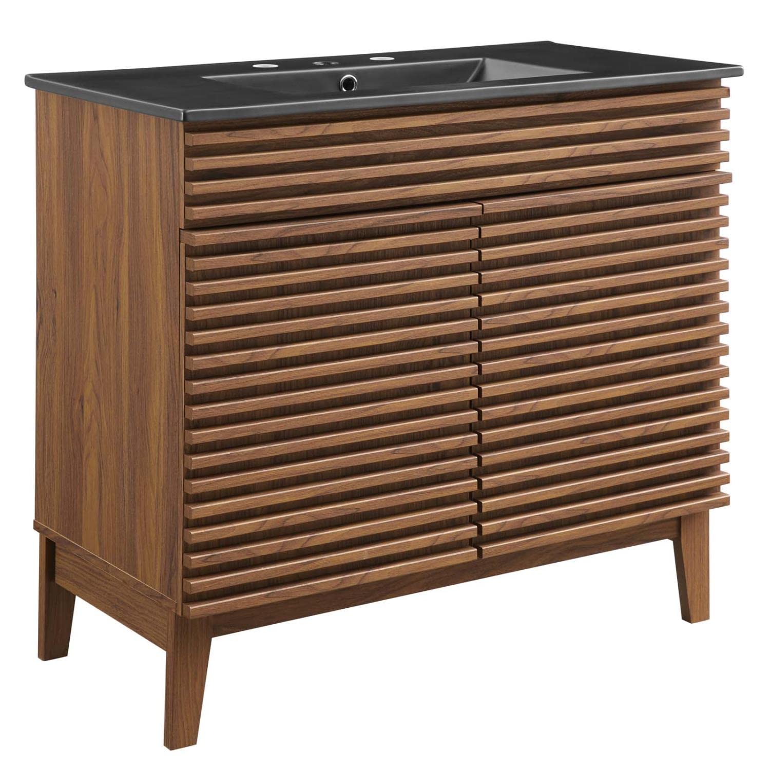 Modway Render 36 Inch Walnut Black Bathroom Vanity with Mirror - Modern Single Sink Vanity for Small Bathrooms & Powder Rooms