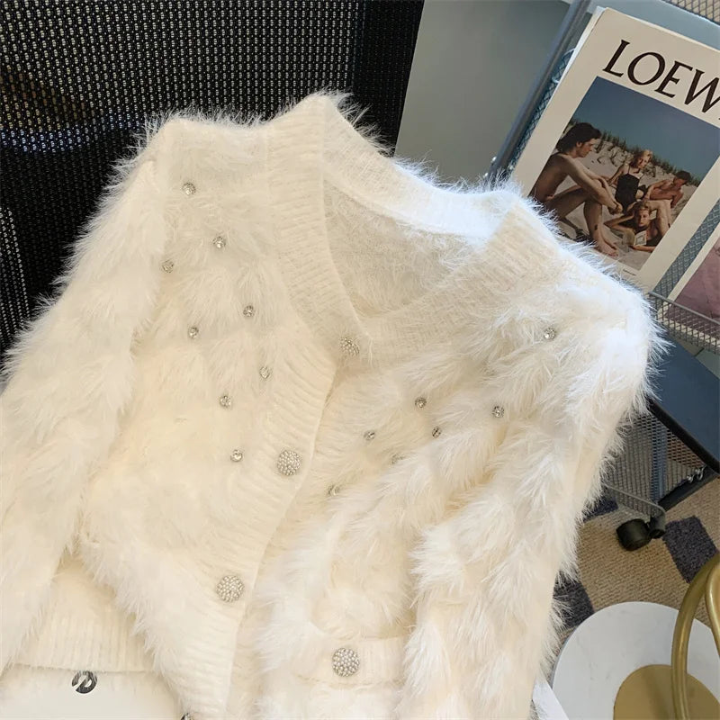 Elegant Women's Pink V-Neck Mohair Knit Cardigan Sweater - French White Diamond Design, Long Sleeve Single Breasted Top for Autumn Winter | Perfect for Office Wear, Date Nights & Cozy Evenings
