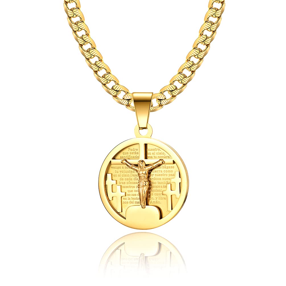 EZSONA Men's Stainless Steel Chunky Miami Cuban Chain Necklace - Silver & Gold Coin Necklace with Jesus Cross Pendant - Durable Jewelry Gift for Dad, Father's Day, Baptism & Religious Occasions