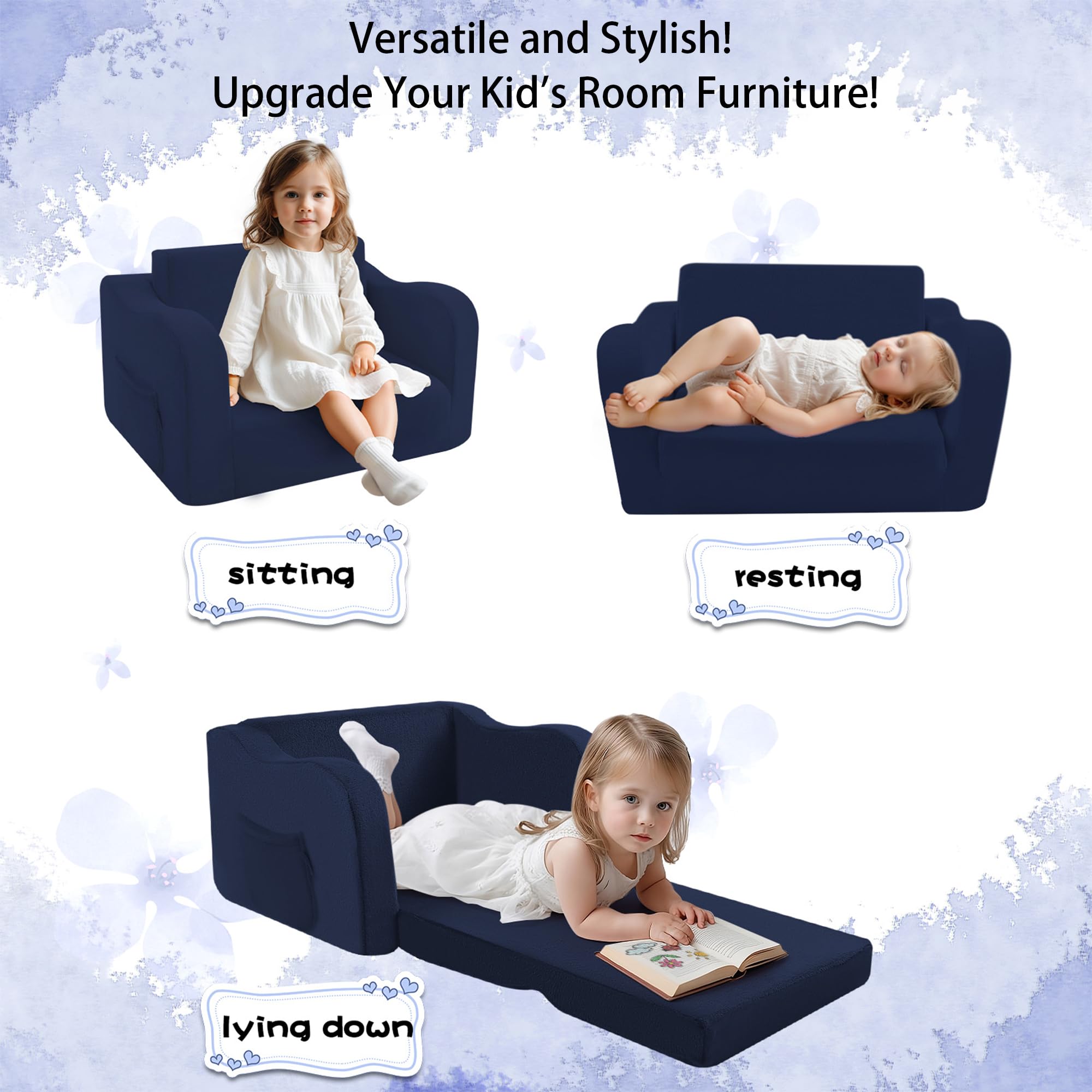 MeMoreCool Fold Out Kids Couch - Convertible Toddler Chair to Sofa Bed, Navy Blue Baby Lounge Chair for Boys & Girls Ages 1-4 | Playroom, Nursery & Travel Friendly Comfortable Foldable Furniture