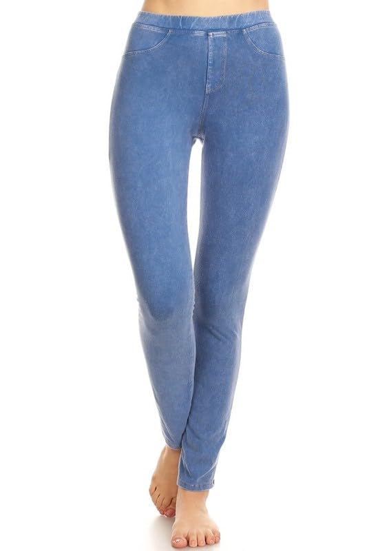 Women's Stretch Comfort Jeggings - Soft Denim Look Leggings with Mineral Wash (Blue) | Perfect for Casual Wear, Work & Travel