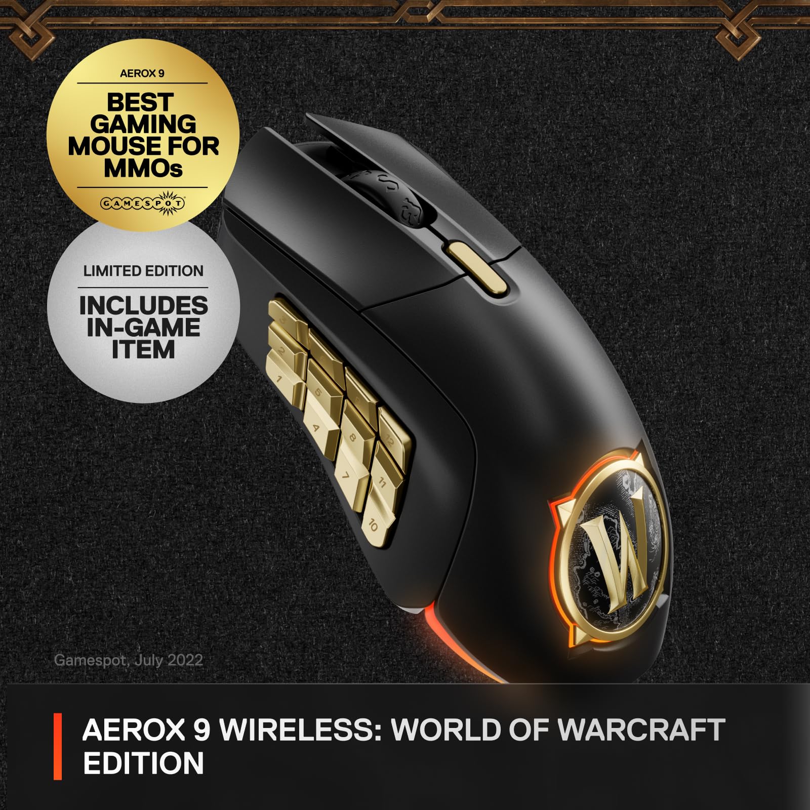 SteelSeries Aerox 9 Wireless Gaming Mouse - World of Warcraft Edition with Free In-Game Item - 18 Programmable Buttons - Lightweight 66g - Bluetooth & 2.4GHz Dual Mode - 18K DPI TrueMove Air Sensor - MMO & RPG Gaming (Renewed) - Perfect for Raiding, PvP Battles & Long Gaming Sessions