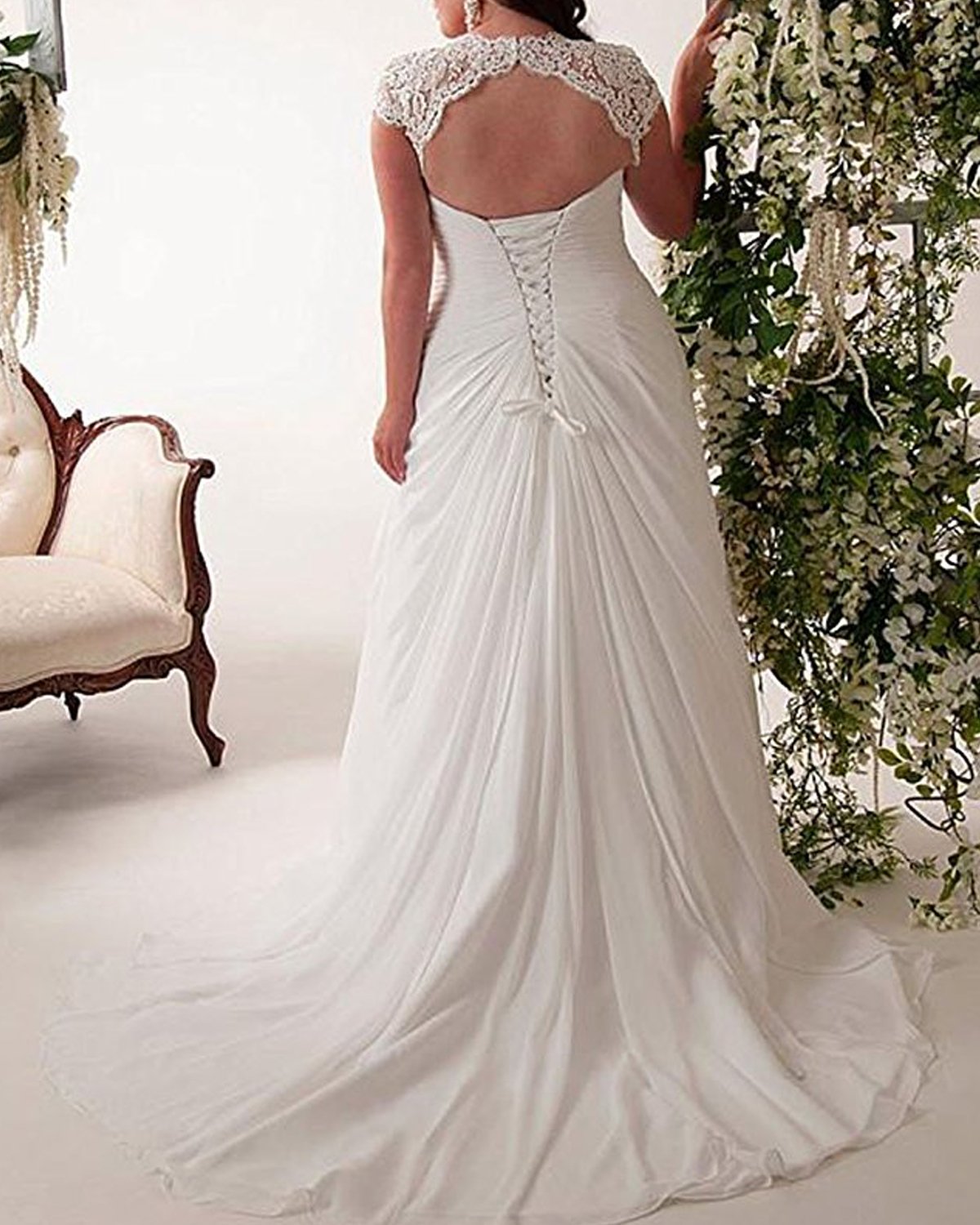 Elegant Plus Size Lace Cap Sleeve Empire Wedding Dress for Women - White Beach Bridal Gown Size 24 | Perfect for Beach Weddings, Destination Elopements & Romantic Photoshoots