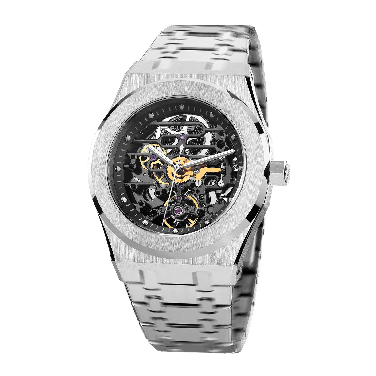 FEICE Automatic Skeleton Watch for Men - 42mm Stainless Steel Mechanical Business Wristwatch with Anti-Shock, Waterproof & Luminous Features - Sapphire Crystal Analog Watch with Adjustable Band (FM019HOT) - Perfect for Office Wear, Formal Events & Everyday Use
