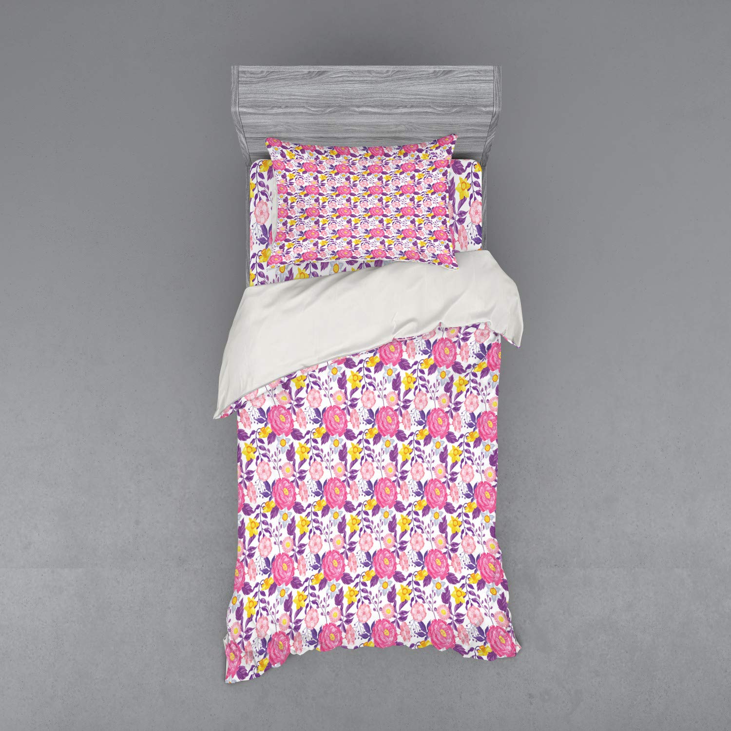 Ambesonne Floral Duvet Cover Set - 3 Piece Twin Size Bedding with Blooming Flowers Nature Design, Sham & Fitted Sheet | Perfect for Spring Bedroom Decor, Guest Room Makeover & Nature-Themed Home Styling