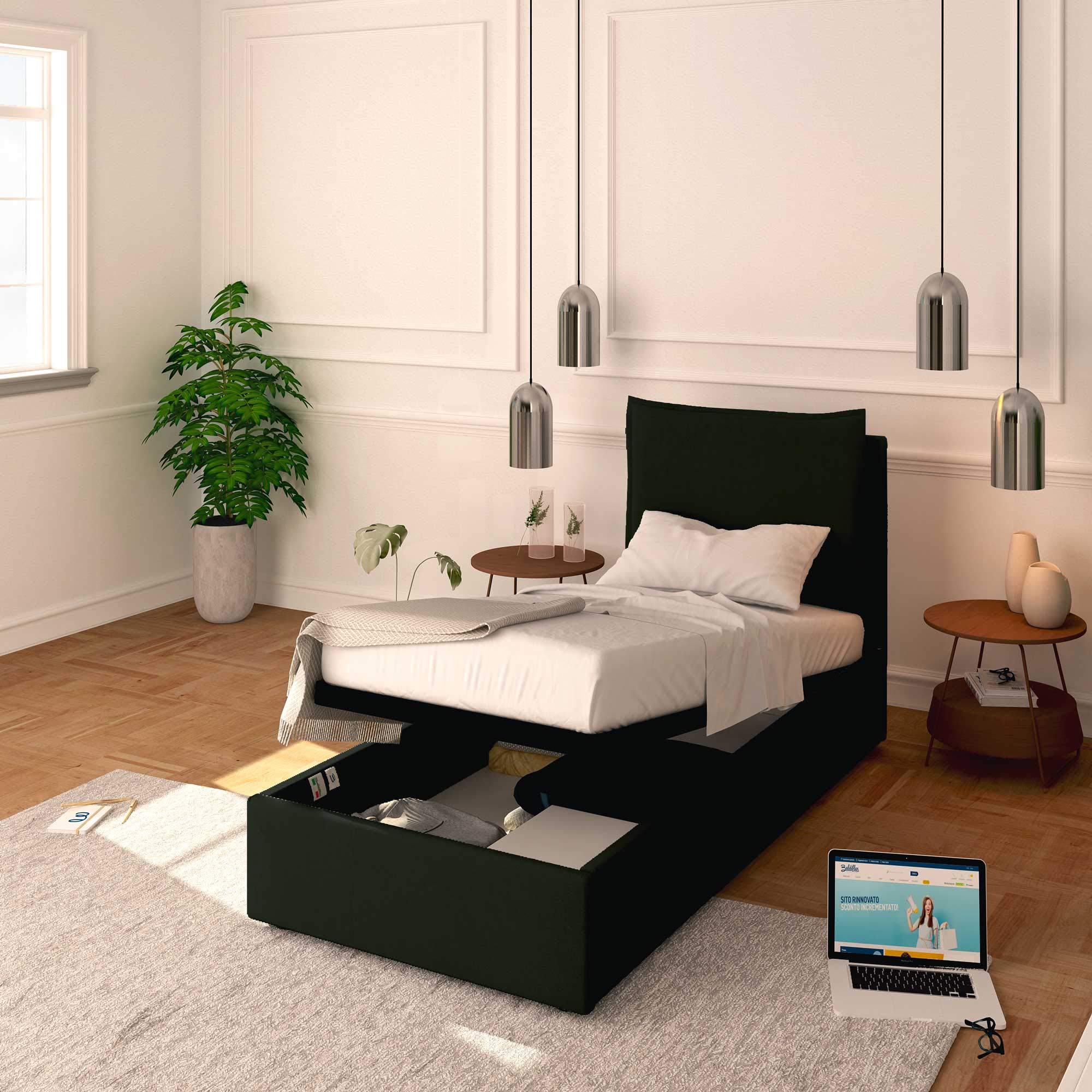 Baldiflex Single Bed Frame with Storage - Licia Model, Synthetic Leather Upholstery, Slatted Base for Single Mattresses, 90 x 190 cm, Padded Headboard, Black - Perfect for Small Bedrooms, Guest Rooms & Studio Apartments