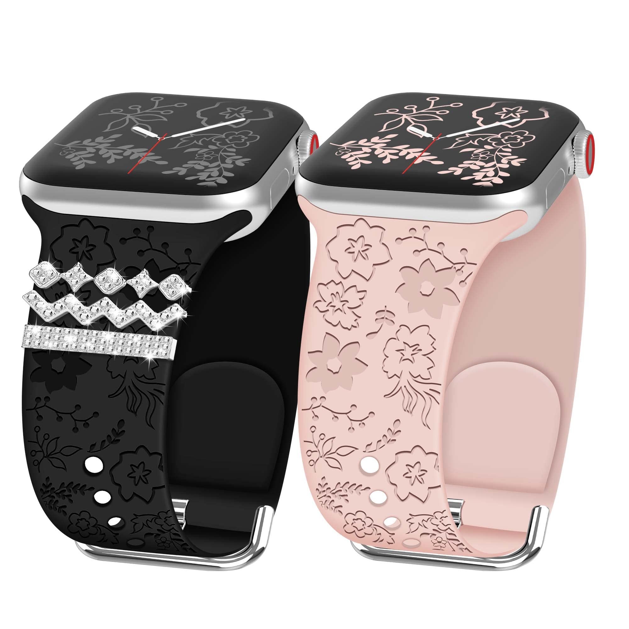 Floral Engraved Silicone Watch Band for Apple Watch 38/40/41/42/44/45/49mm - 2 Pack Replacement Strap Compatible with iWatch Series 8/7/6/5/4/3/2/1/SE/Ultra - Decorative Rings & Loops - Perfect for Workouts, Daily Wear & Fashion Accessories