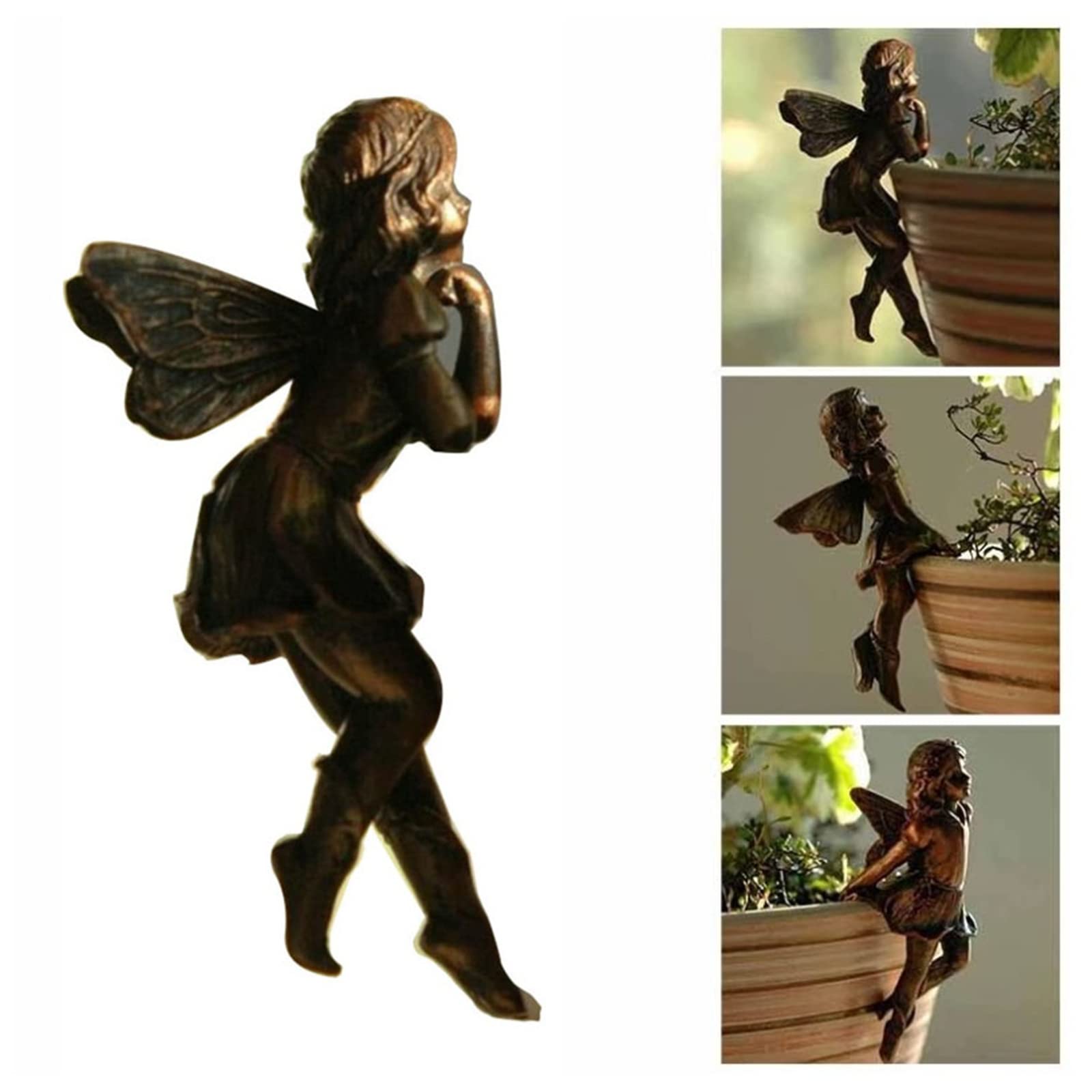 DXDSYY Mini Resin Angel Flower Pot Huggers - Vintage Bronze Fairy Garden Planter Ornaments, Set of 4 - Perfect for Indoor/Outdoor Plant Decor, Fairy Gardens & Home Décor