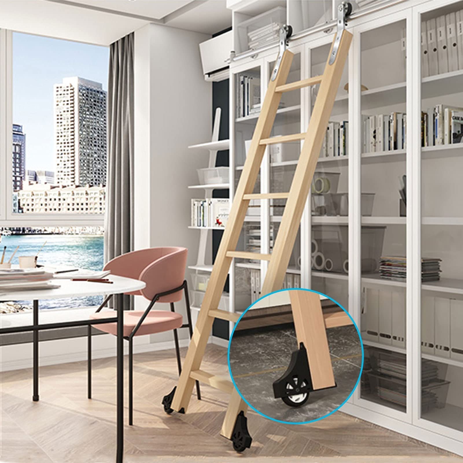 Stainless Steel Rolling Library Ladder Hardware Kit - Smooth Sliding Round Track/Rail System, No Ladder Needed | Perfect for Home Libraries, Bookstores & Office Shelving