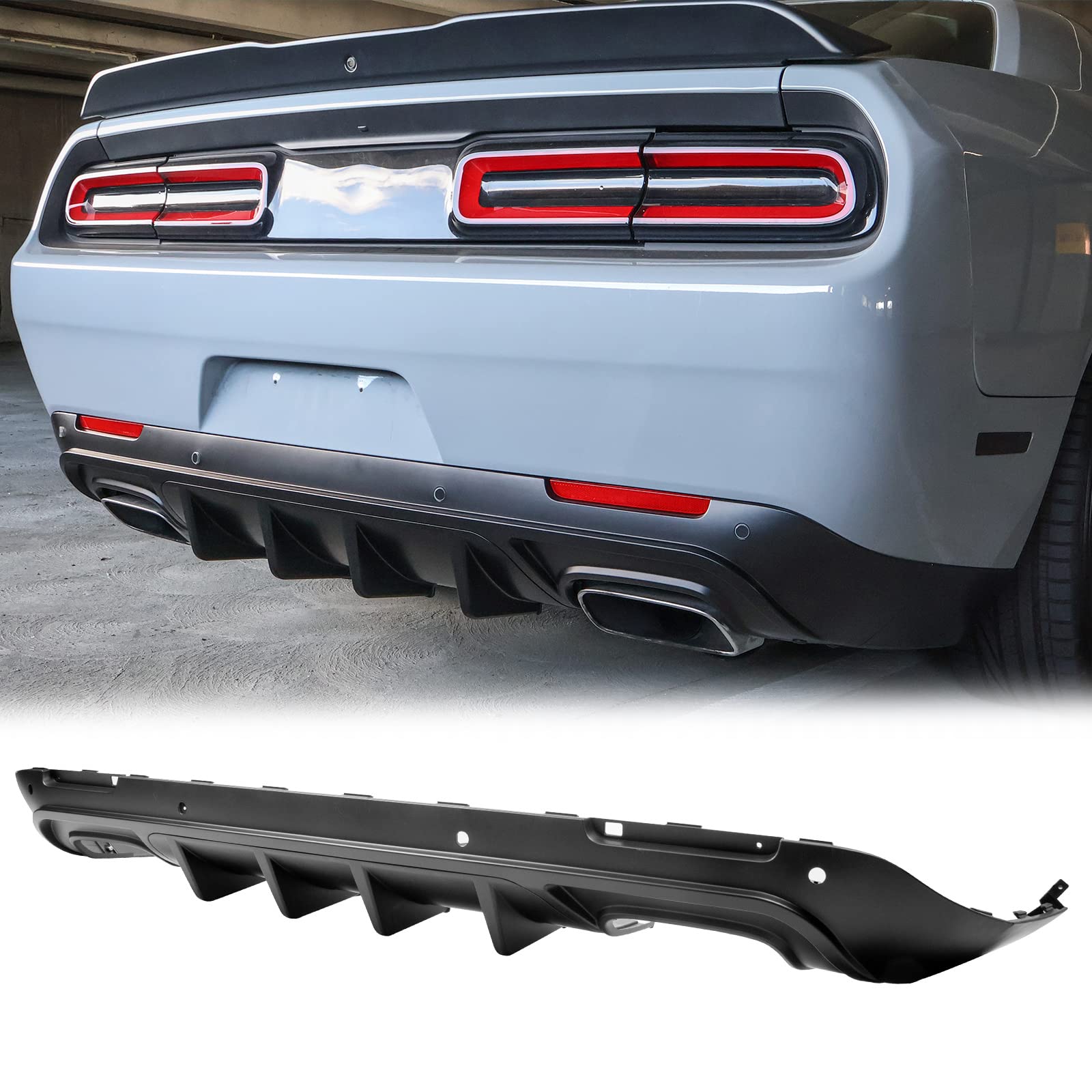 FREEMOTOR802 Rear Diffuser for 2015-2023 Dodge Challenger | IKON V3 Style Matte Black PP Bumper Molding Lip | Lower Valance Diffuser Shark Fin Splitter 4-Piece Set | Upgrade Your Car's Aerodynamics & Style for Street Racing & Show Cars