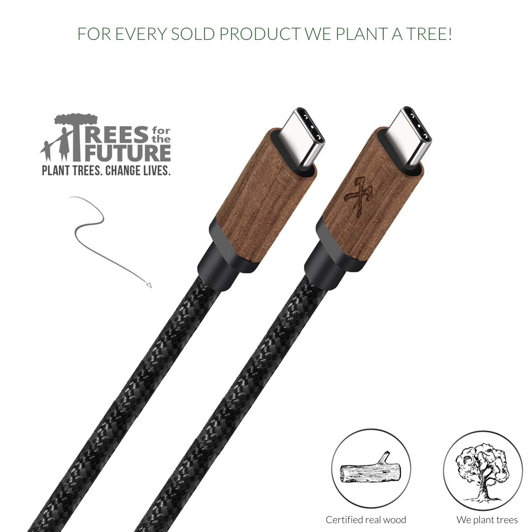 Premium Real Wood & Nylon USB-C Cable - Fast Charging & Data Sync Compatible with iPhone 15, Samsung Galaxy, iPad Pro | Eco-Friendly Walnut & Black Braided Cable for Home, Office & Travel Accessories