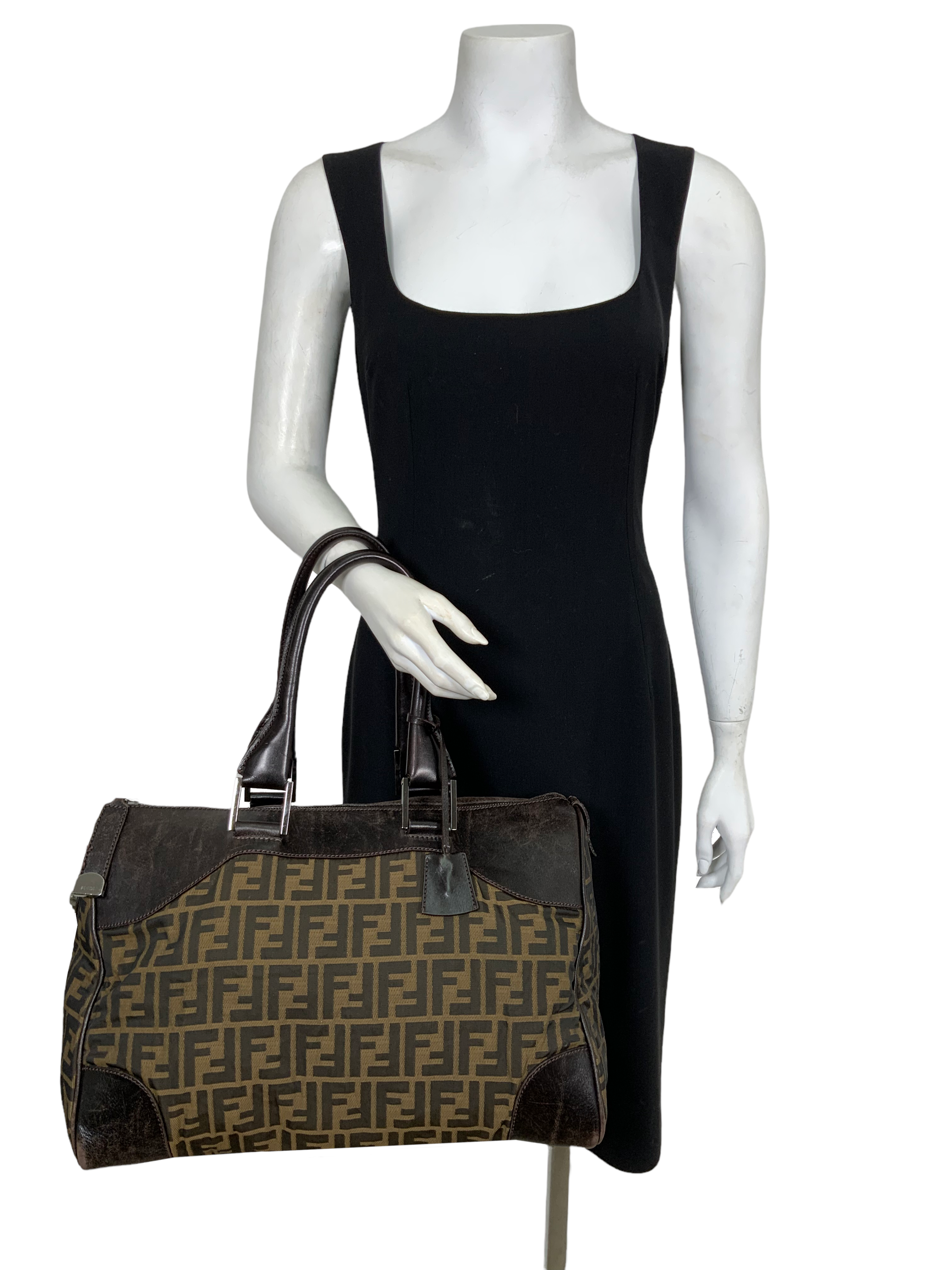 FENDI Zucca Canvas and Leather Small Duffel Bag - Stylish Travel Bag for Women, Perfect for Weekend Getaways & Gym Essentials