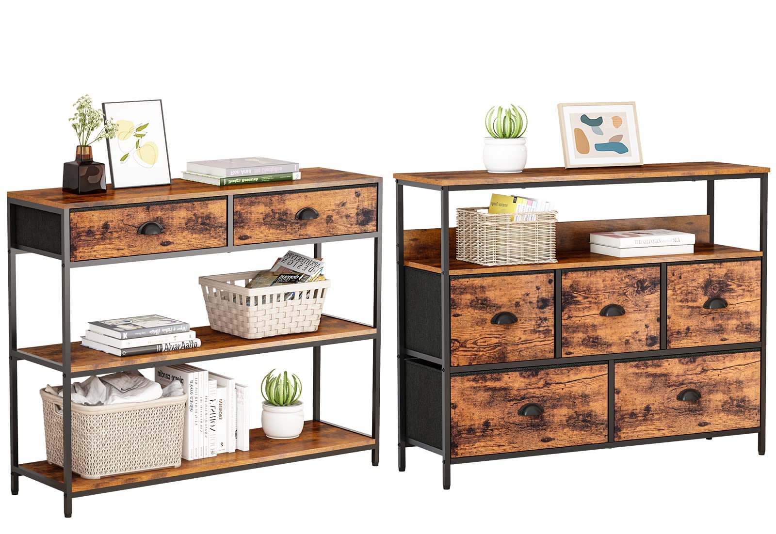 Industrial Console Sofa Table with 5 Fabric Drawers & Shelves - Modern TV Stand, Entryway Table, Dresser & Closet Storage Organizer - Perfect for Living Room, Bedroom & Hallway Organization
