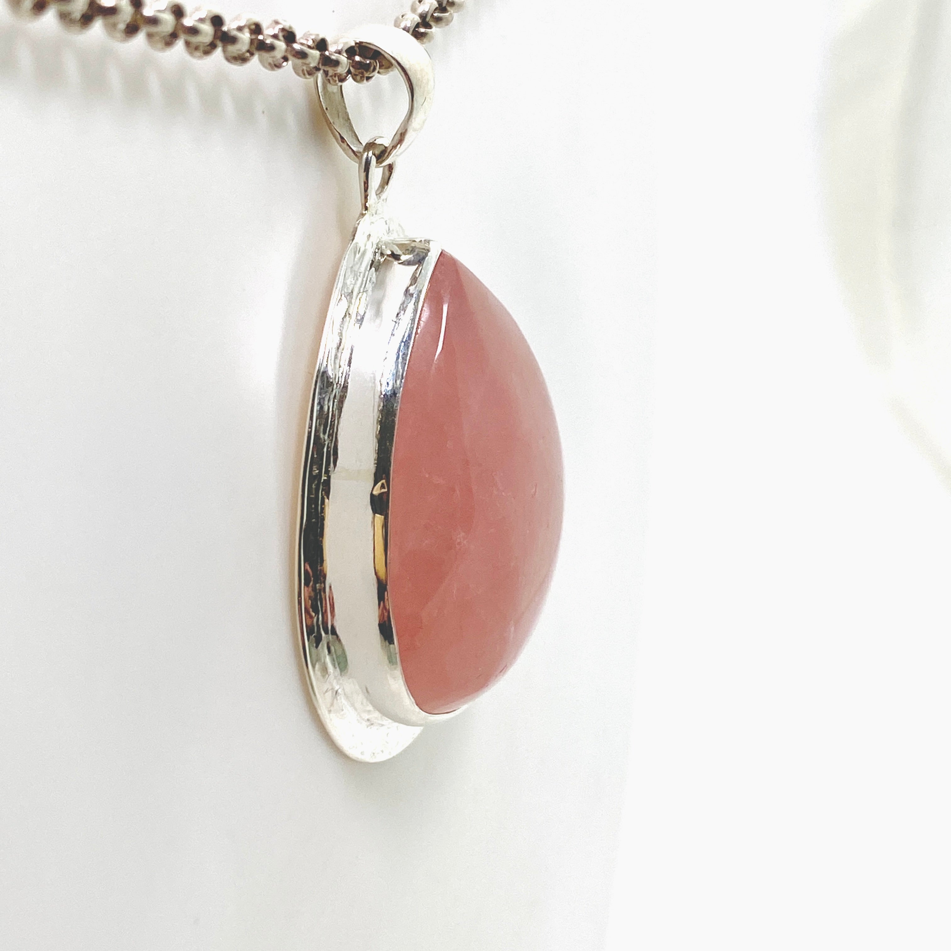 Rose Quartz Teardrop Cabochon Pendant in Hammered Silver Setting KPGJ4688 - Perfect for Meditation, Healing Jewelry & Spiritual Gifts
