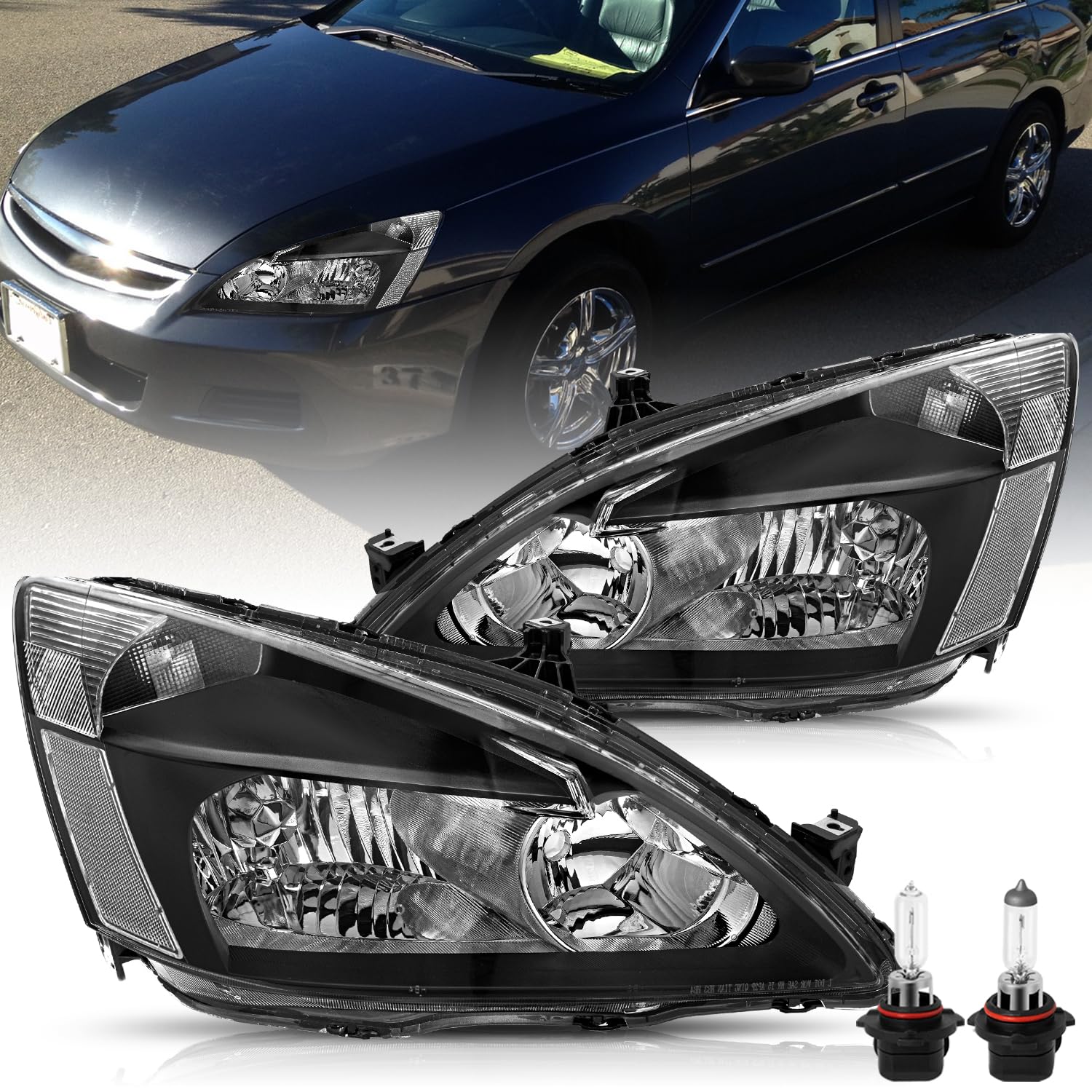 BRYGHT Headlight Assembly Set with Bulbs Replacement for 2003-2007 Honda Accord - Black Housing with Clear Reflector - Perfect for Night Driving & Foggy Conditions