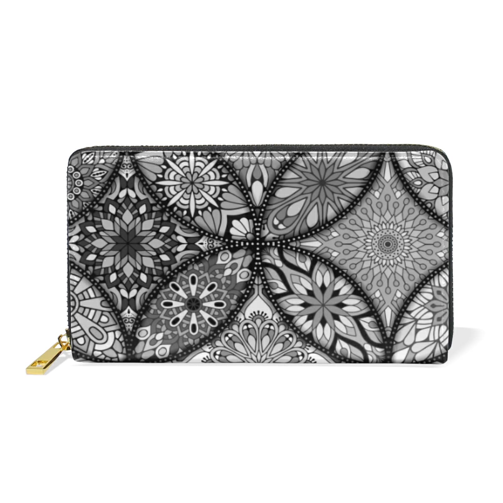 Vintage Mandala Leather Wallet for Women & Men - Islamic Arabic Indian Ottoman Floral Motif Zipper Purse with Key Card Coin Passport Holder - Perfect for Travel, Daily Use & Gift Giving
