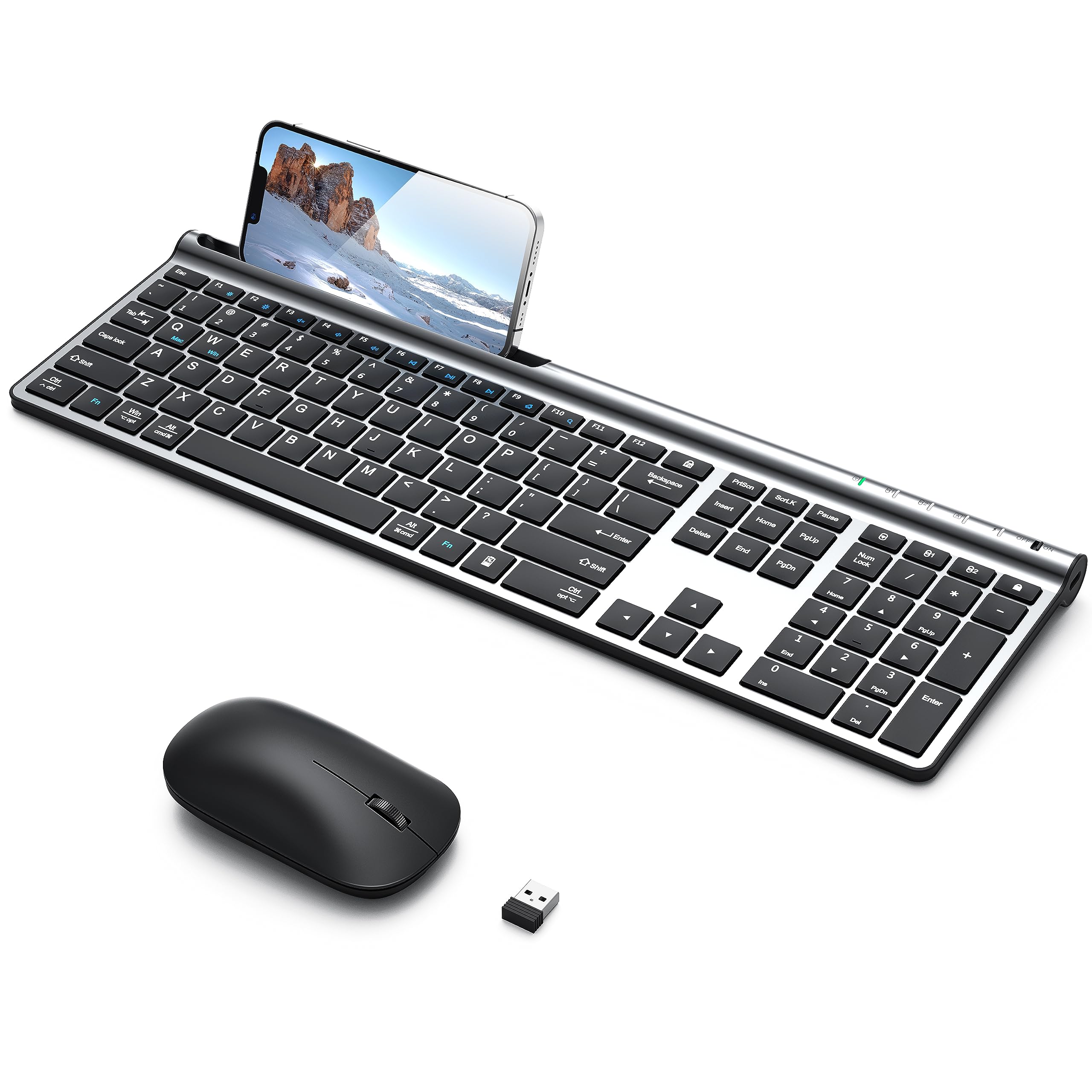CHESONA Wireless Keyboard and Mouse Combo with Phone Stand - Rechargeable Full-Size Multi-Device Bluetooth 5.0/3.0/2.4G for Windows, Mac, iOS, Android - Silver Black for Home Office, Gaming & Remote Work
