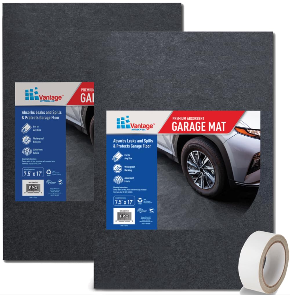 KITTRICH Vantage 2-Piece Heavy Duty Car Garage Floor Mats with Anti-Slip Double Sided Tape - Oil Spill & Stain Resistant - 7.5FT x 17FT (2 Pack) - Perfect for Workshop, Garage & Driveway Protection