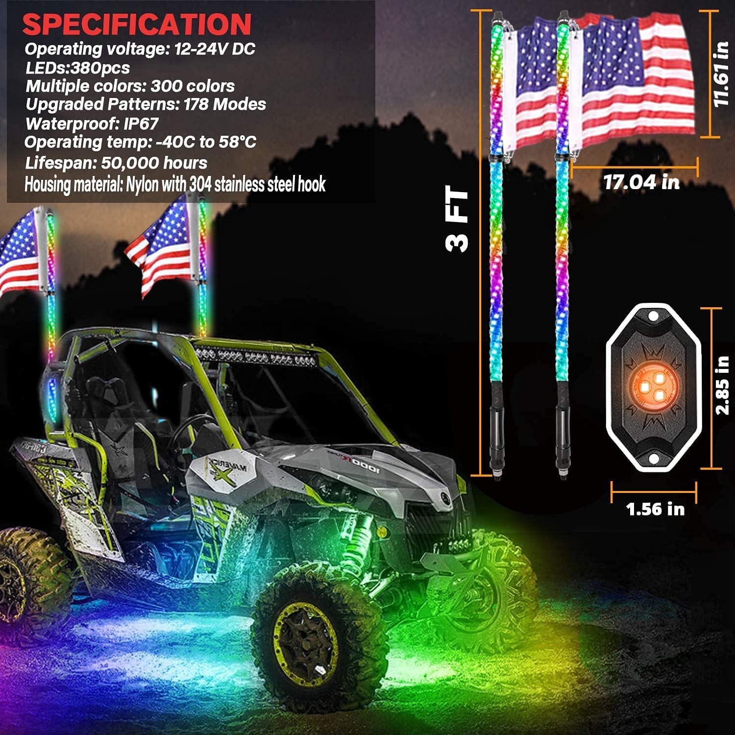 OHMU 2PCS 3FT LED Whip Lights & 8-Pod Rock Lights Kit with Bluetooth App Control - Offroad Vehicle LED Light Bar for Jeep, Truck, ATV, UTV - Waterproof Neon Underglow & Safety Warning Lights for Night Driving & Outdoor Adventures
