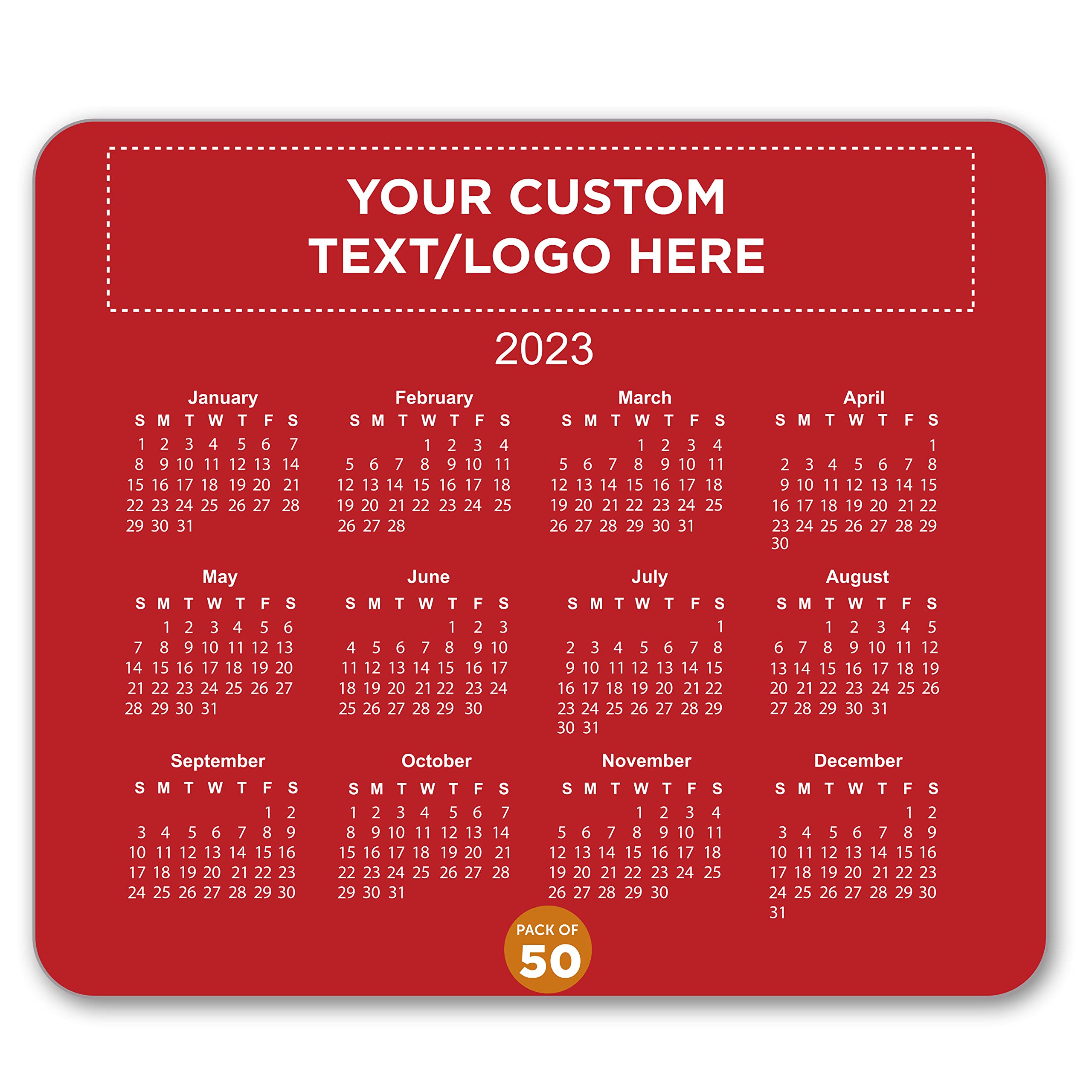 Custom Horizontal Calendar Mouse Pads - Bulk Pack of 50, Personalized Office Desk Accessories - Perfect for Employees, Clients & Trade Shows - Red - Ideal for Corporate Gifts, Promotional Events & Workspace Organization