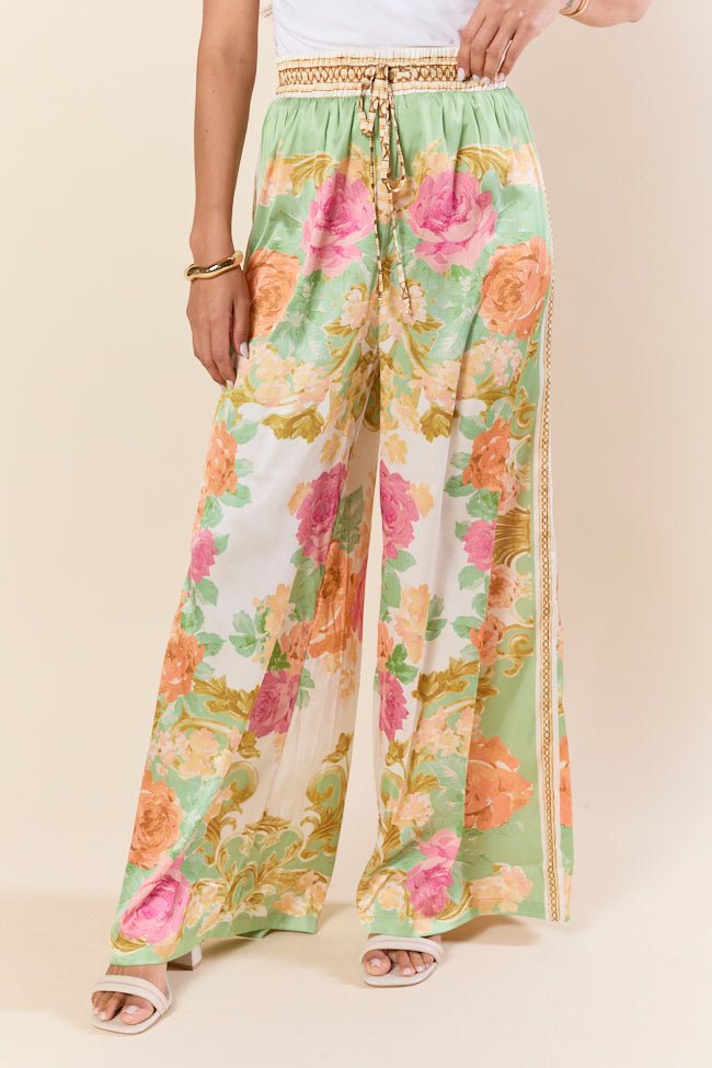 Meet Me In Paradise Satin Printed Multi Floral Pants - Women's High Waisted Lounge Pants for Vacation, Beach & Boho Style Outfits