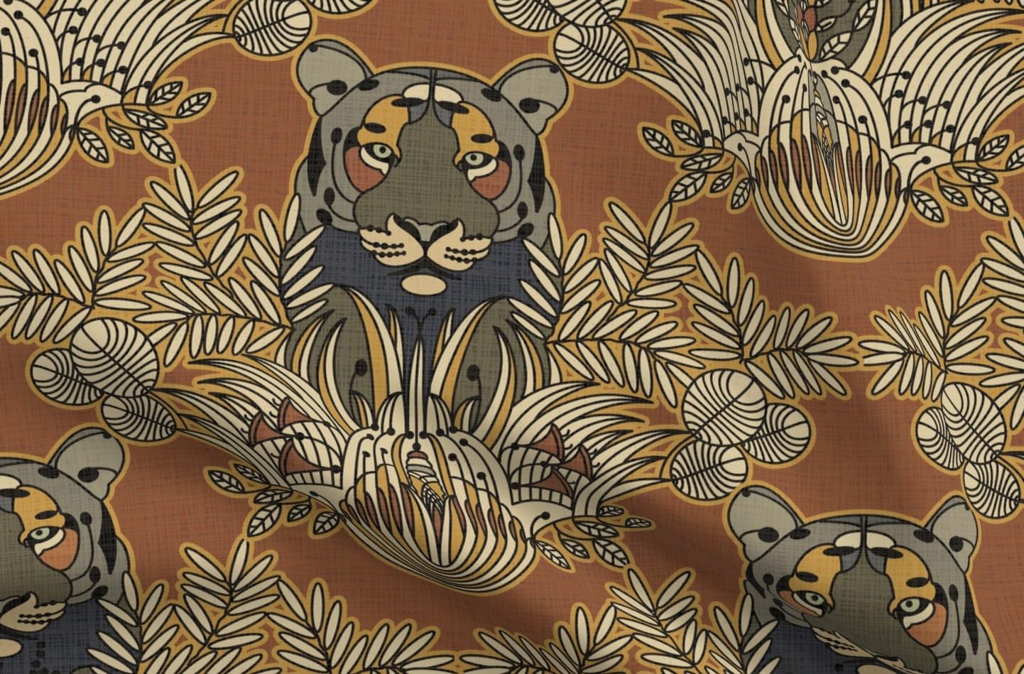 Tiger Siena Animal Jungle Print Denim Fabric by Spoonflower - Fat Quarter for Home Decor, Upholstery & Apparel - Tropical Damask Bottomweight Cotton - Perfect for DIY Projects, Curtains & Throw Pillows