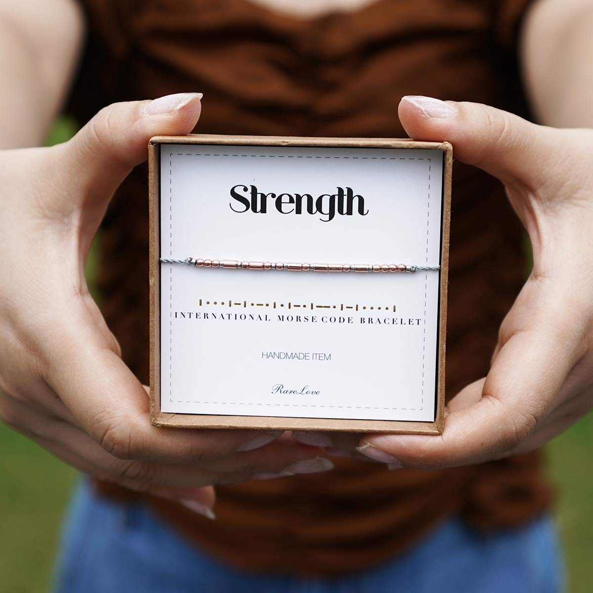 RareLove Strength Morse Code Bracelet - Be Strong Inspirational Friendship Gift for Women, Tiny Beads Grey String Bracelet - Perfect for Daily Wear, Motivational Gifts & Special Occasions