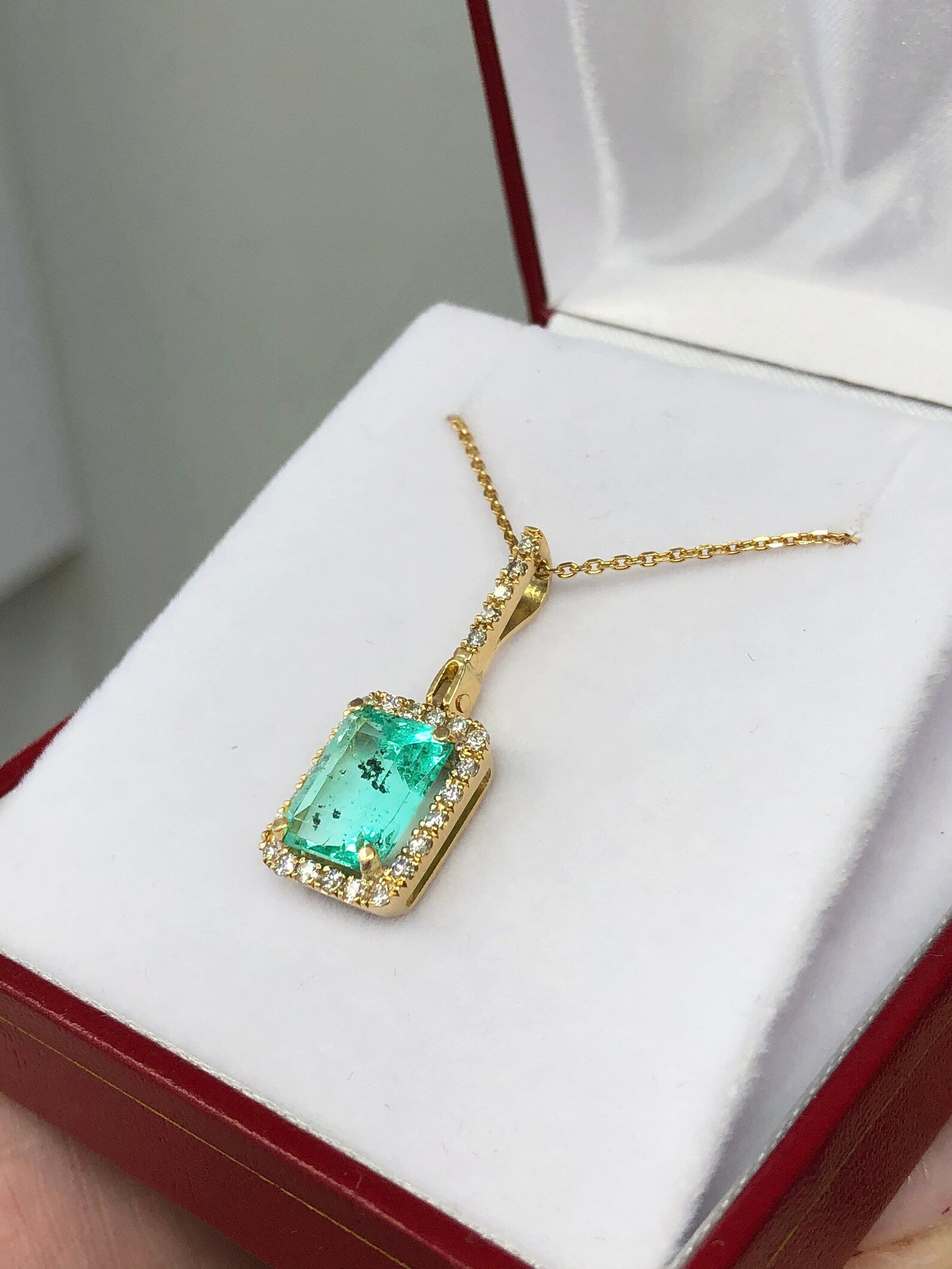 4.18TCW Natural Colombian Emerald & Diamond Halo Pendant in 14K Gold - Elegant Jewelry Gift for Women, Perfect for Weddings, Anniversaries & Special Occasions