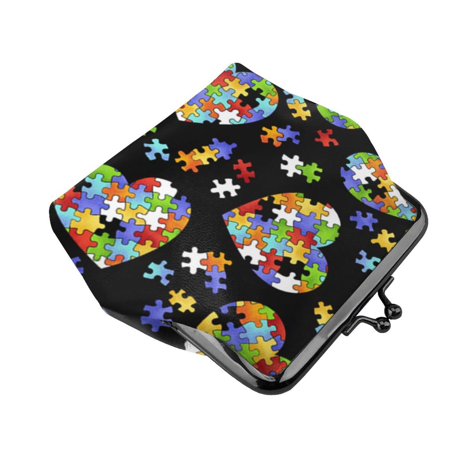Autism Awareness PU Leather Coin Purse with Puzzle Heart Design - Secure Kiss-Lock Wallet for Girls (Ideal for Change, Cards & Small Essentials) - Perfect for Daily Use, Gift Giving & Special Needs Support