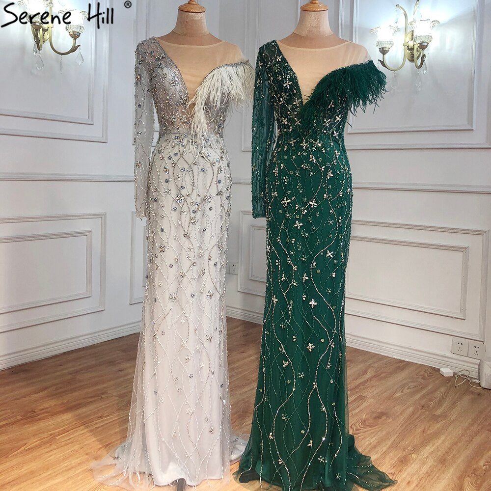 Elegant Grey Mermaid Evening Gown with Feather & Beaded Details - Women's Luxury Party Dress for Prom, Gala & Special Occasions