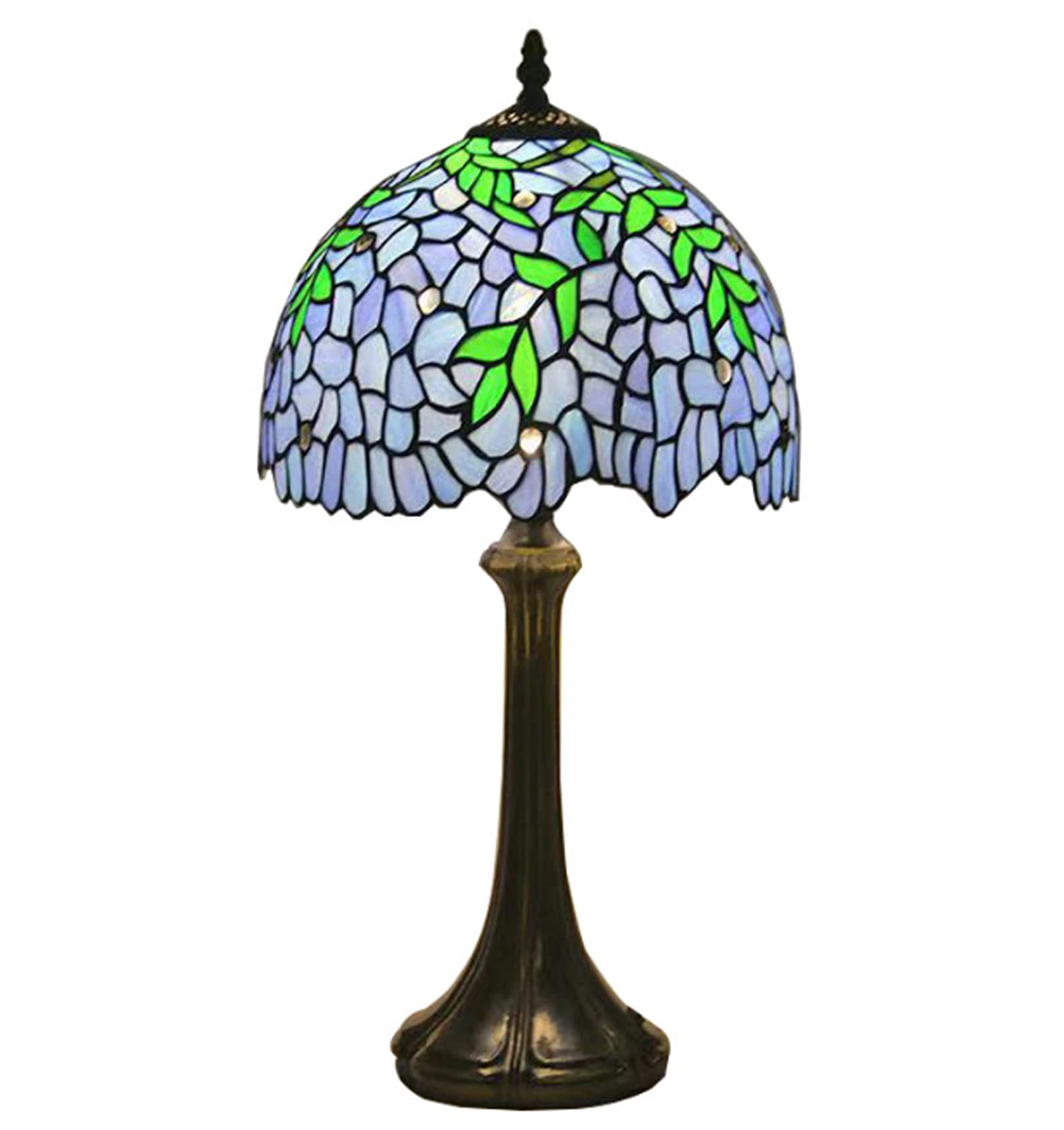Tiffany Style Stained Glass Table Lamp - Purple Bedside Desk Light (12/18 Inch) with Green Leaves Lampshade & Antique Base - Perfect Gift for Home, Bedroom, Office - Romantic Lighting for Lovers, Parents, Friends & Kids