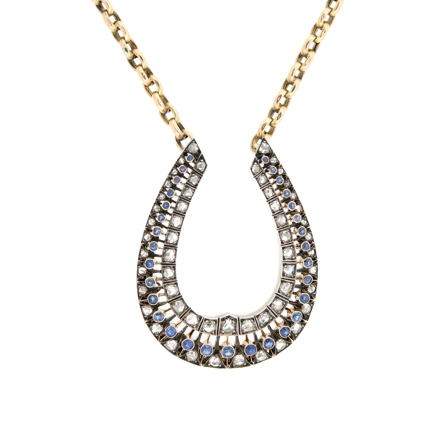 18K Gold & Platinum Edwardian Sapphire Rose Cut Diamond Horseshoe Pendant Necklace - Vintage Jewelry for Women, Bridal Gift, Special Occasion Wear
