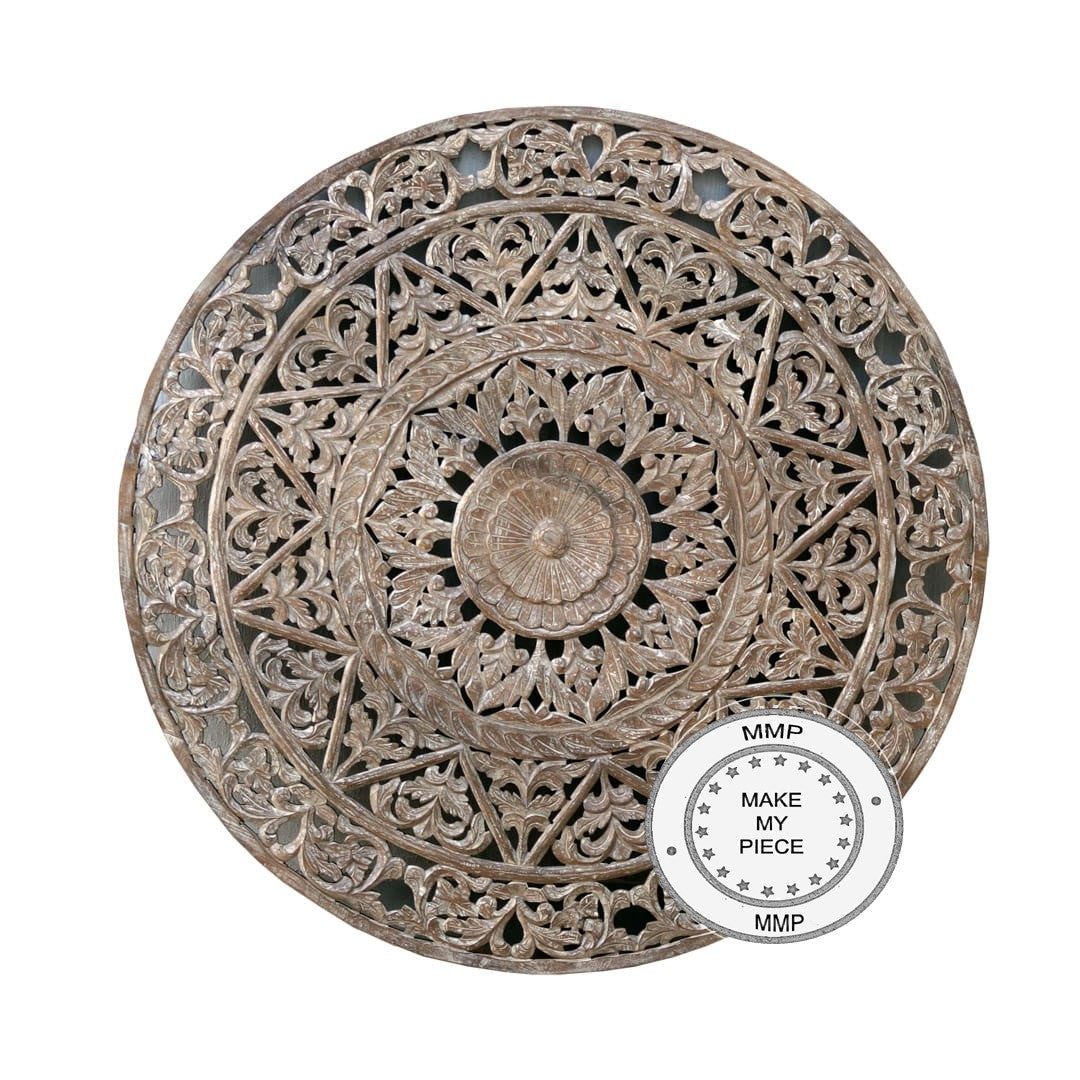 Hand Carved Indian Solid Wood Round Wall Decor Panel - Whitewashed Boho Chic Home Decor for Living Room, Bedroom & Dining Area