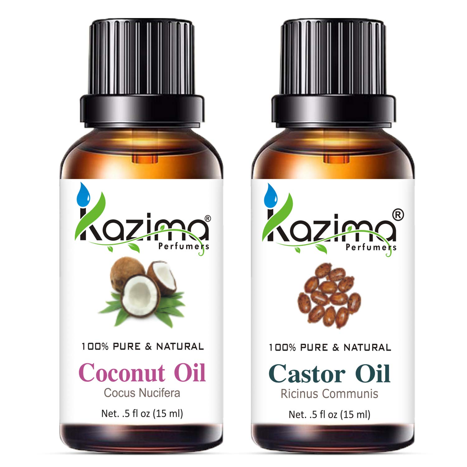 KAZIMA Pure Coconut Oil & Castor Oil Combo - 100% Natural Undiluted Hair Growth Treatment for Acne, Dandruff Control, Scalp Moisturizer & Skin Care (15ml Each) - Perfect for DIY Beauty Recipes & Daily Hair Routine