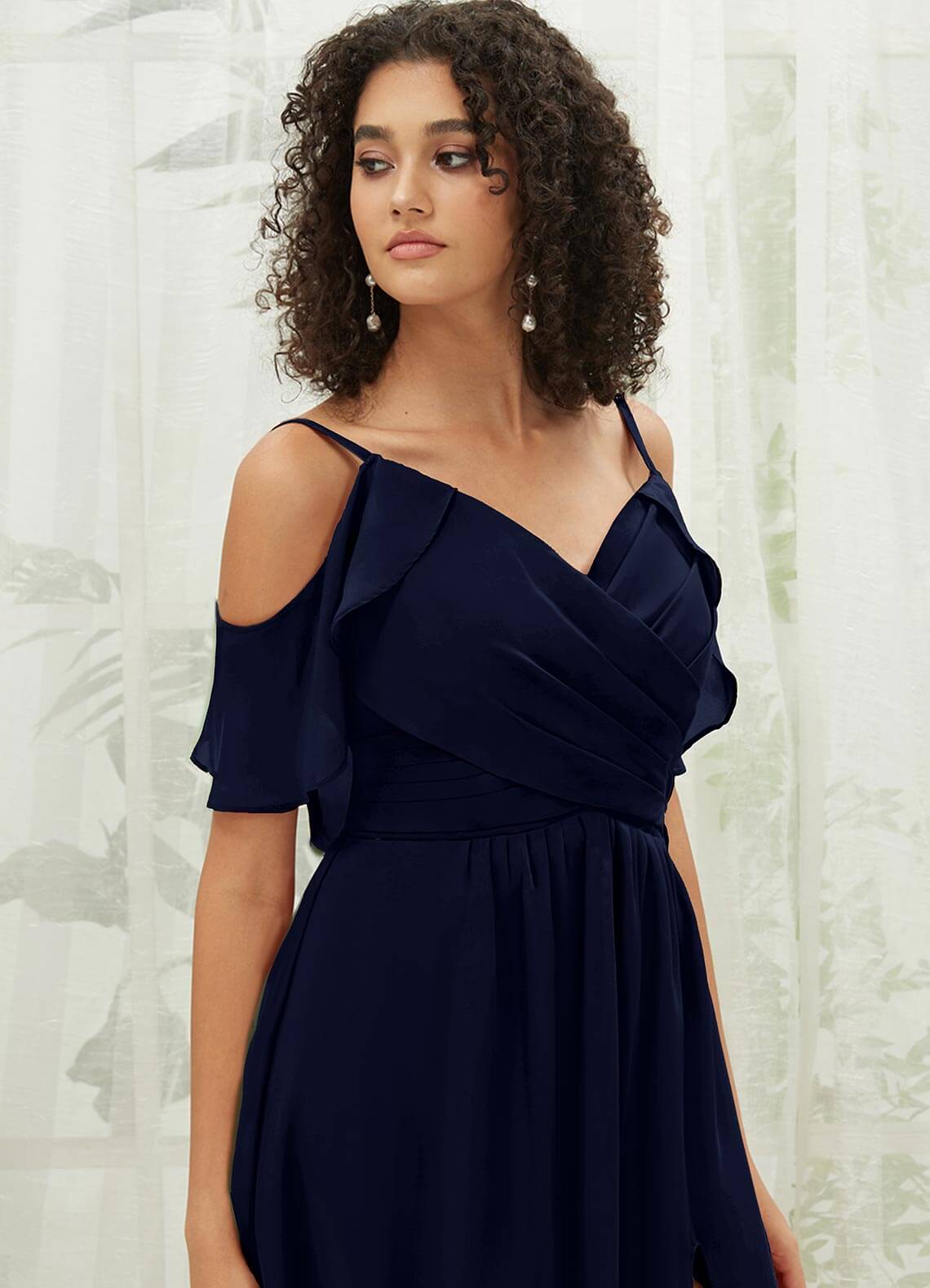 Elegant Dark Navy Chiffon Ruffle Cold Shoulder Sweetheart Bridesmaid Dress for Weddings & Formal Events