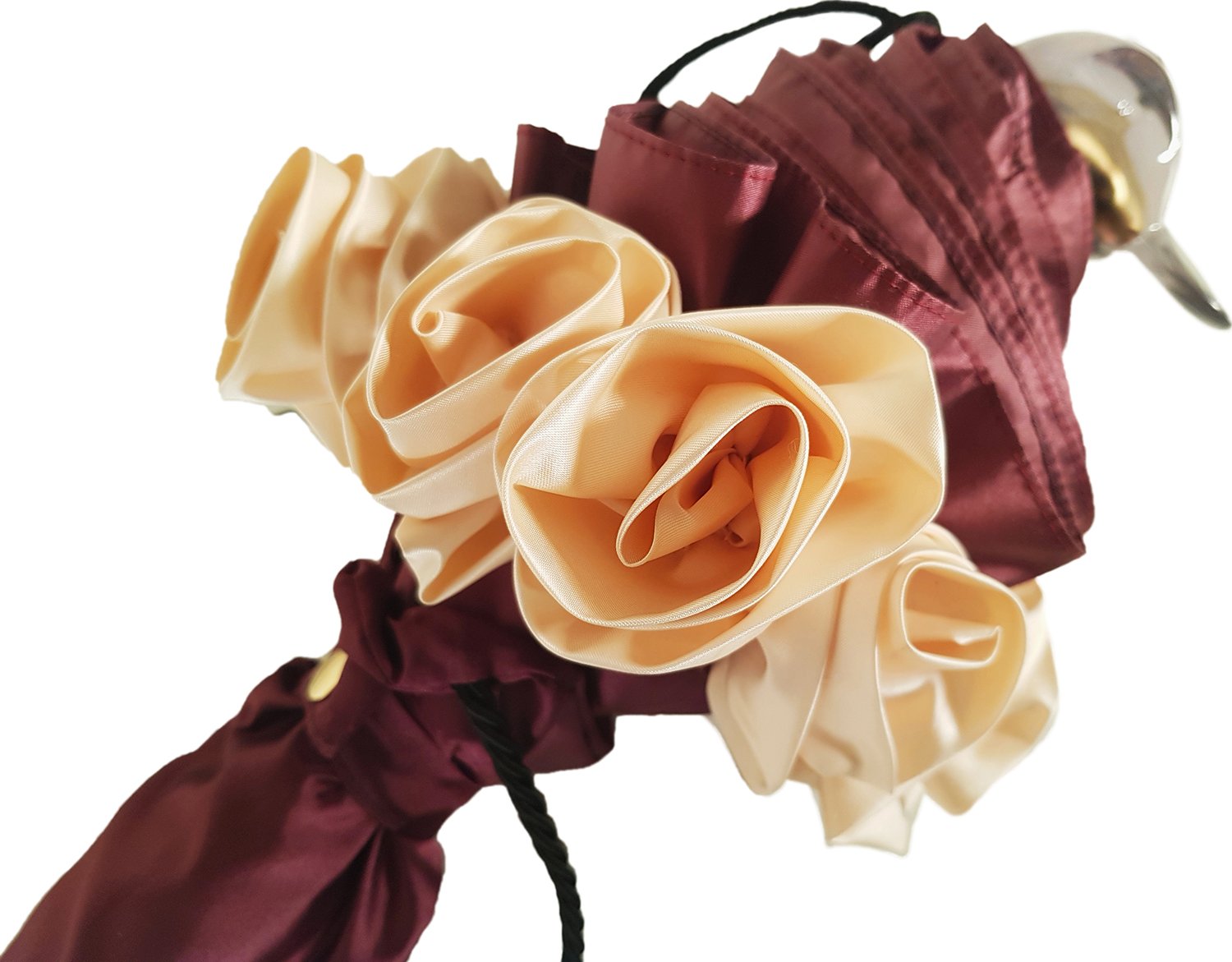 Elegant Burgundy Folding Umbrella with Frilly Trim - Compact Travel Parasol for Women, Perfect for Beach, Wedding & Outdoor Events