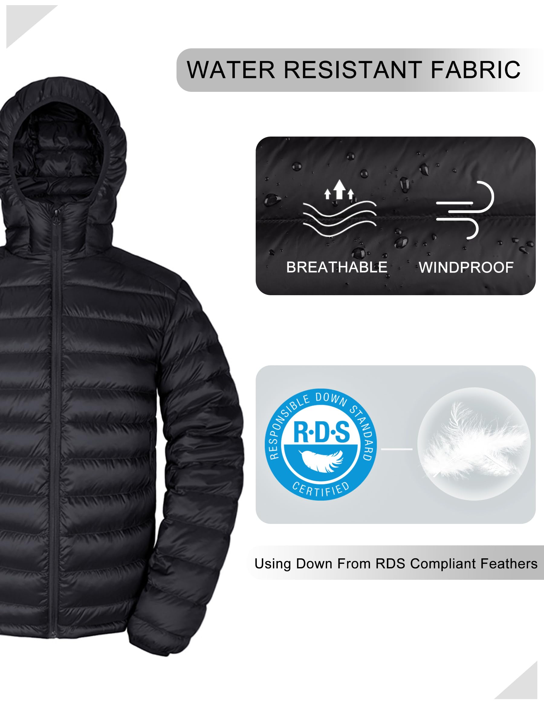 Men's Lightweight Water-Resistant Packable Down Puffer Jacket with Hood - Warm Insulated Winter Coat for Outdoor Activities, Hiking & Travel