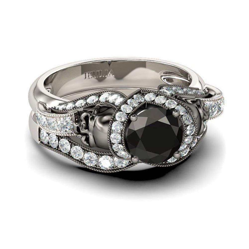 Jeulia Black Diamond Wedding Ring Set for Women & Men - 925 Sterling Silver Skull Twist Rings - Nightmare Before Christmas Inspired Jewelry - CZ Solitaire Anniversary Promise Rings - Perfect for Halloween, Gothic Weddings & Alternative Fashion Lovers