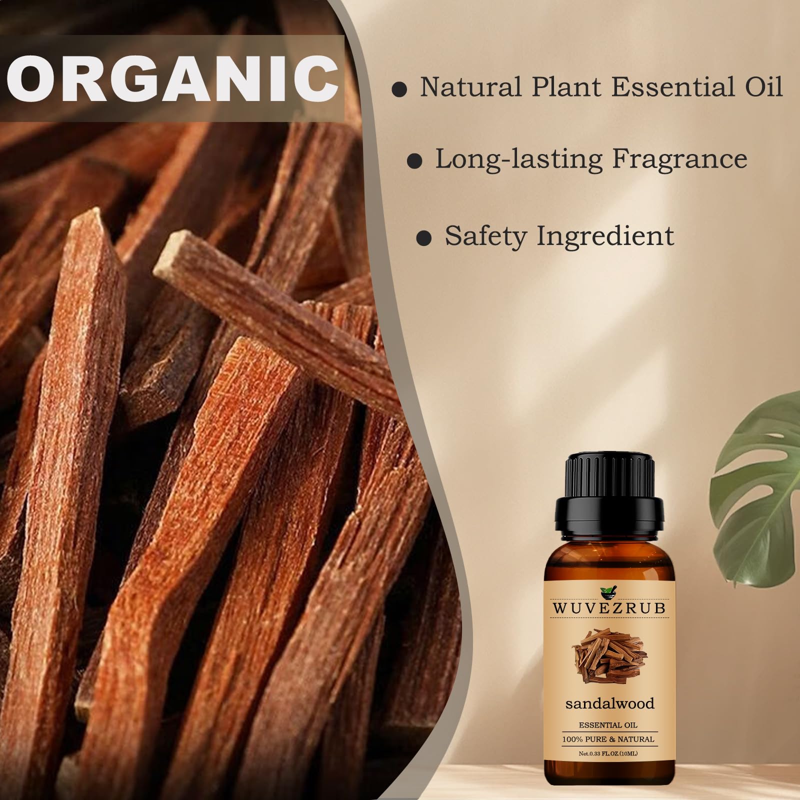 Organic 100% Pure Sandalwood Essential Oil 10ml (0.33 Fl Oz) - Natural Aromatherapy Oil for Diffusers, Massage & Relaxation - Perfect for Stress Relief, Meditation & Home Spa