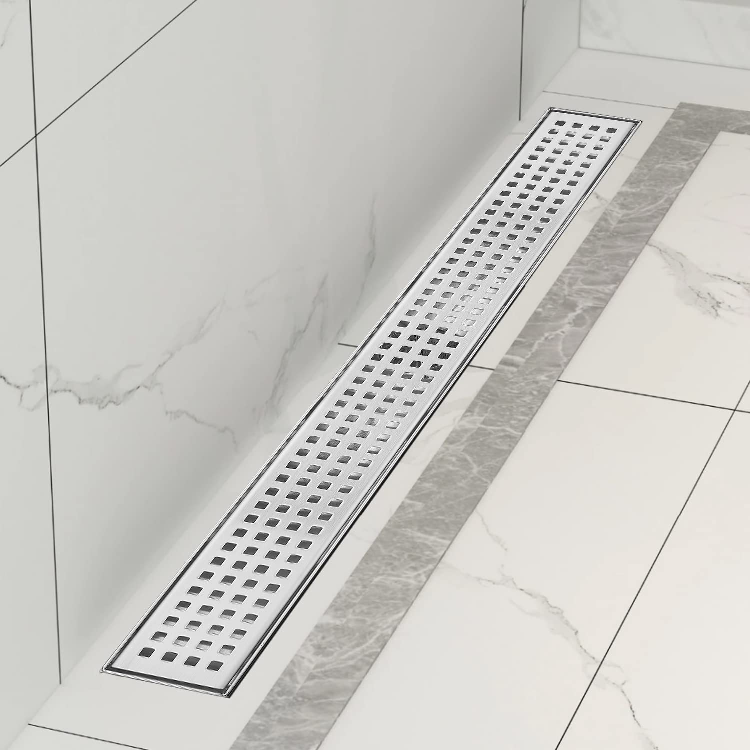 24 Inch Linear Shower Drain with Removable Grate Cover - AISI 304 Stainless Steel Floor Drain with Hair Catcher & Adjustable Leveling Feet - Perfect for Modern Bathroom & Walk-in Shower Designs