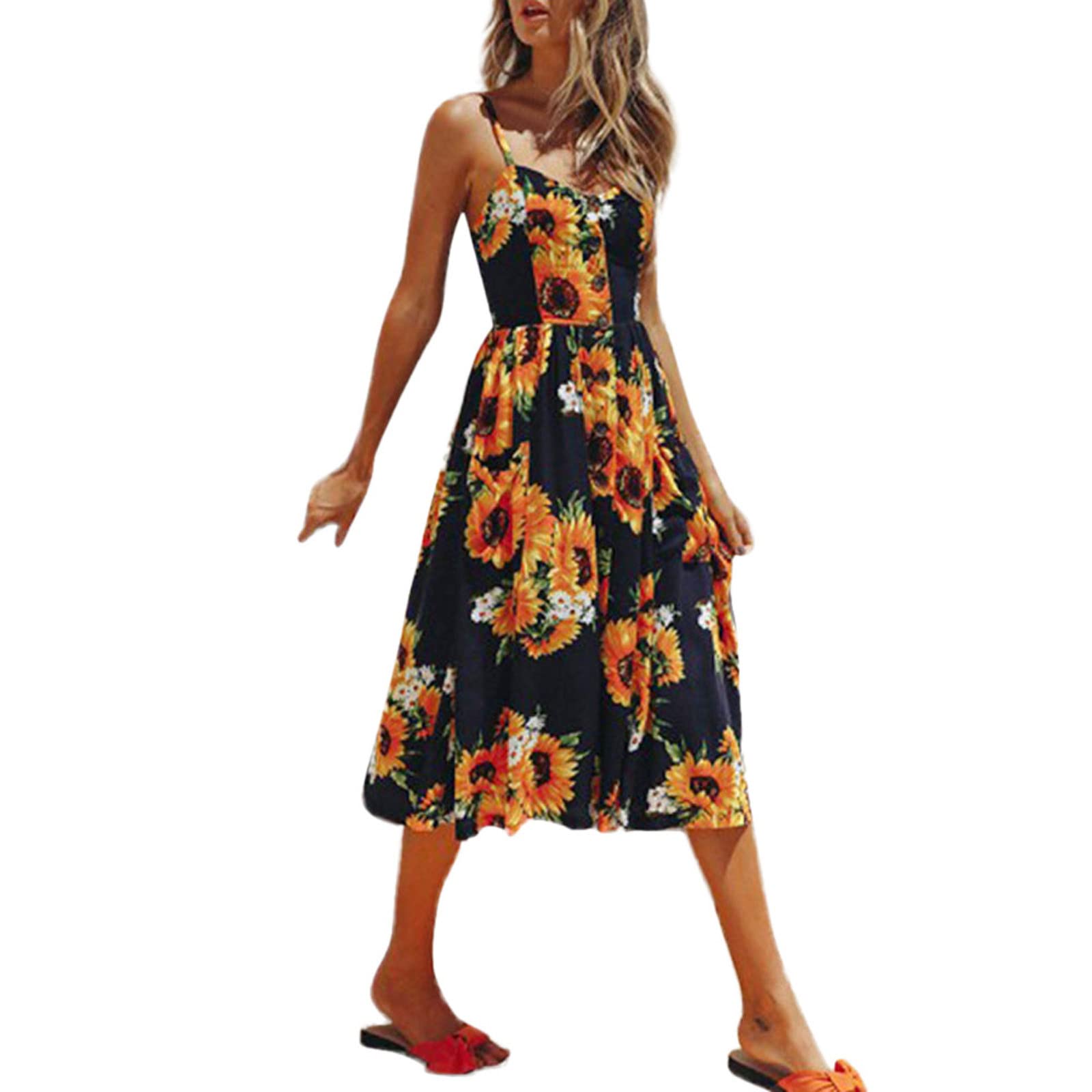 Sexy Sunflower Print Off Shoulder Sleeveless Mini Dress for Women - High Waist Princess Style with Button Details | Perfect for Summer Parties, Beach Vacations & Date Nights