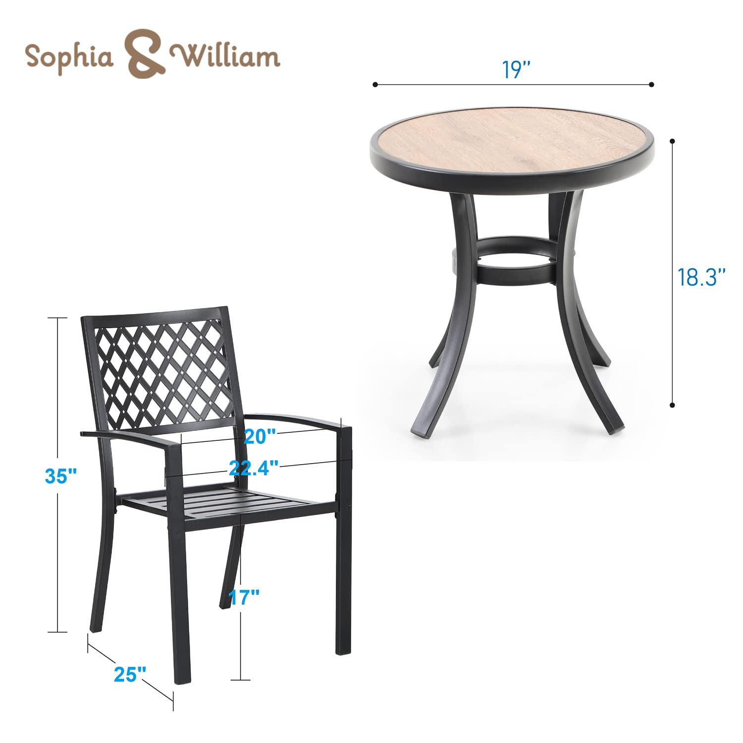 Sophia & William 3-Piece Patio Bistro Set - 2 Stackable Metal Chairs & Round Side Table - Outdoor Furniture for Backyard, Balcony, Garden & Indoor Use - Perfect for Relaxing, Dining & Entertaining