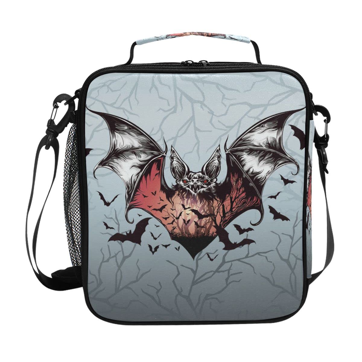 **Insulated Halloween Bat Lunch Box - Reusable Leakproof Cooler Tote Bag with Side Mesh Pocket & Adjustable Strap for Men, Women, Kids - Perfect for School, Camping, Picnics, Work & Outdoor Activities**